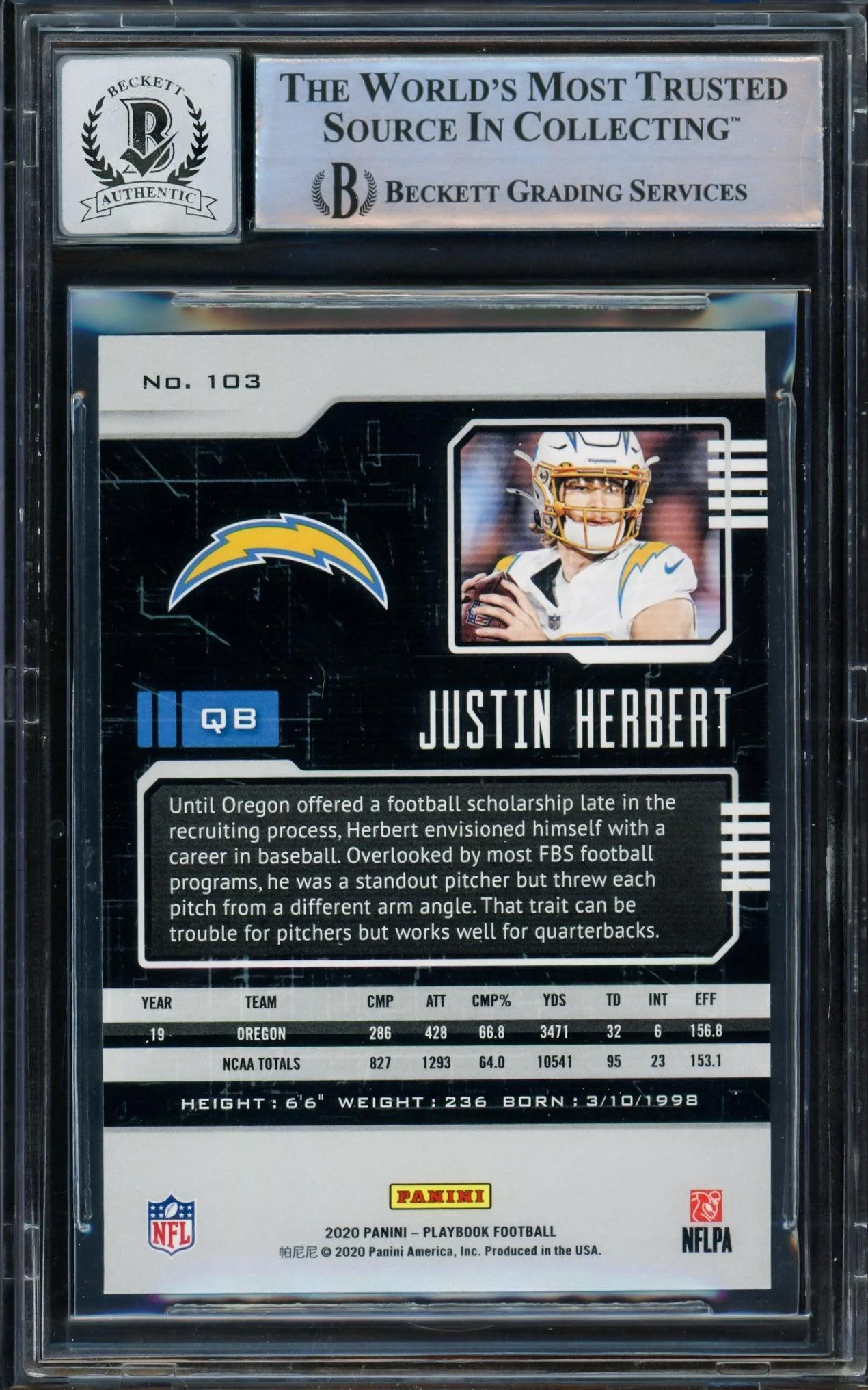 Justin Herbert Autographed 2020 Panini Playbook Rookie Card #103 Los Angeles Chargers Auto Grade Gem Mint 10 Beckett BAS #14243343 - Image 2