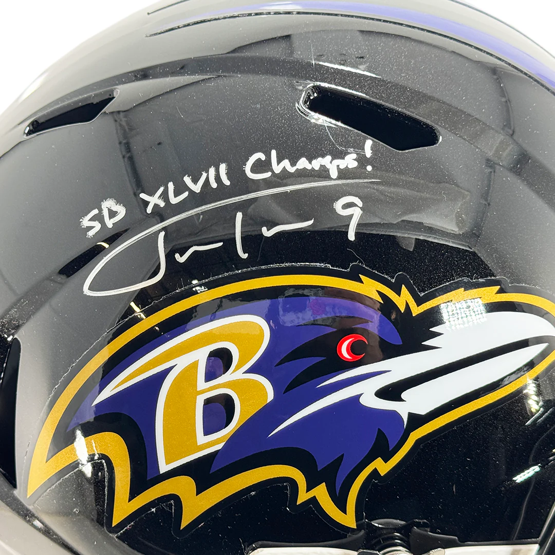 Justin Tucker Signed SB XLVII Champs! Inscription Baltimore Ravens Speed Full-Size Replica Football Helmet (Beckett) - Image 2