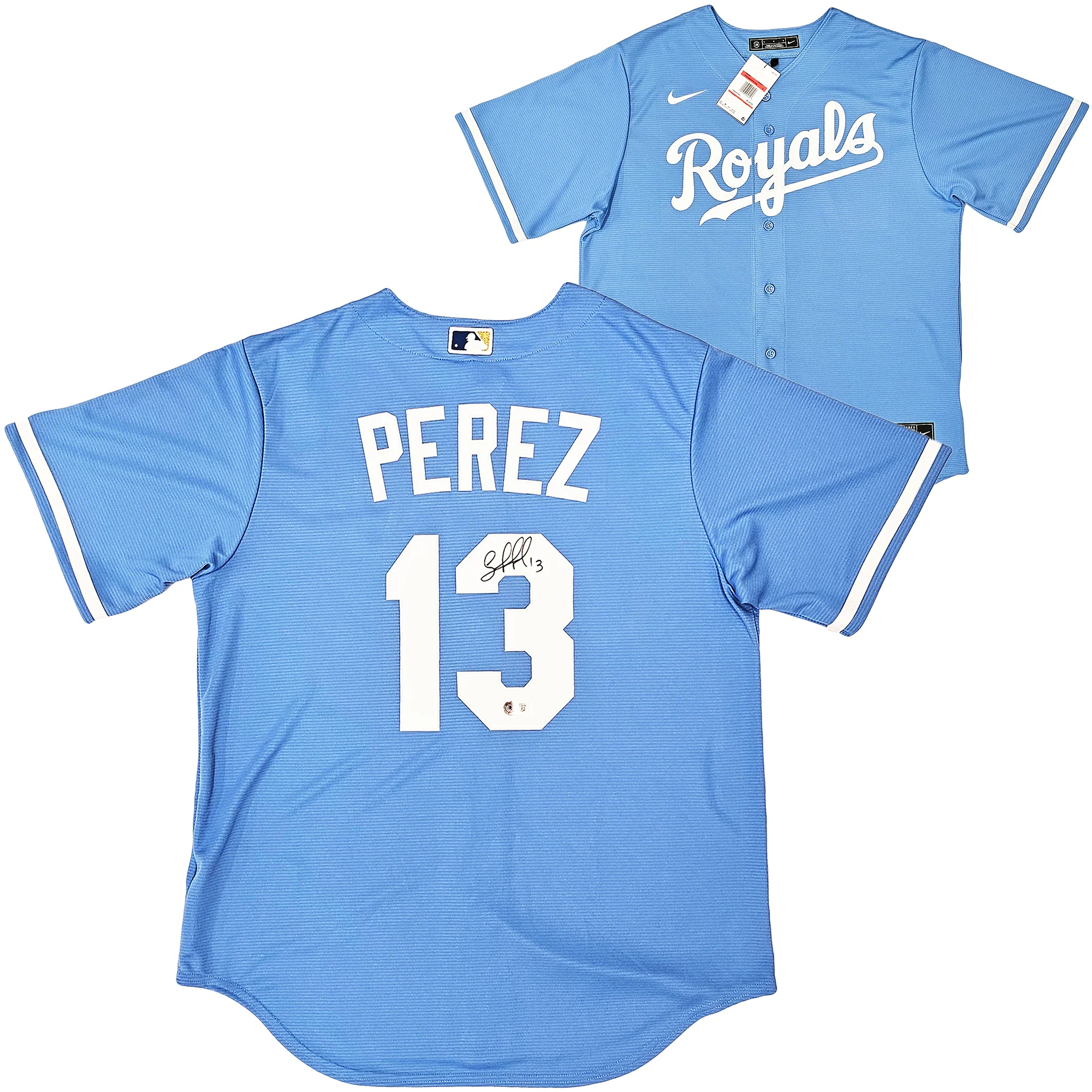 Kansas City Royals Salvador Perez Autographed Baby Blue Nike Jersey Size L Beckett BAS Witness Stock #216049