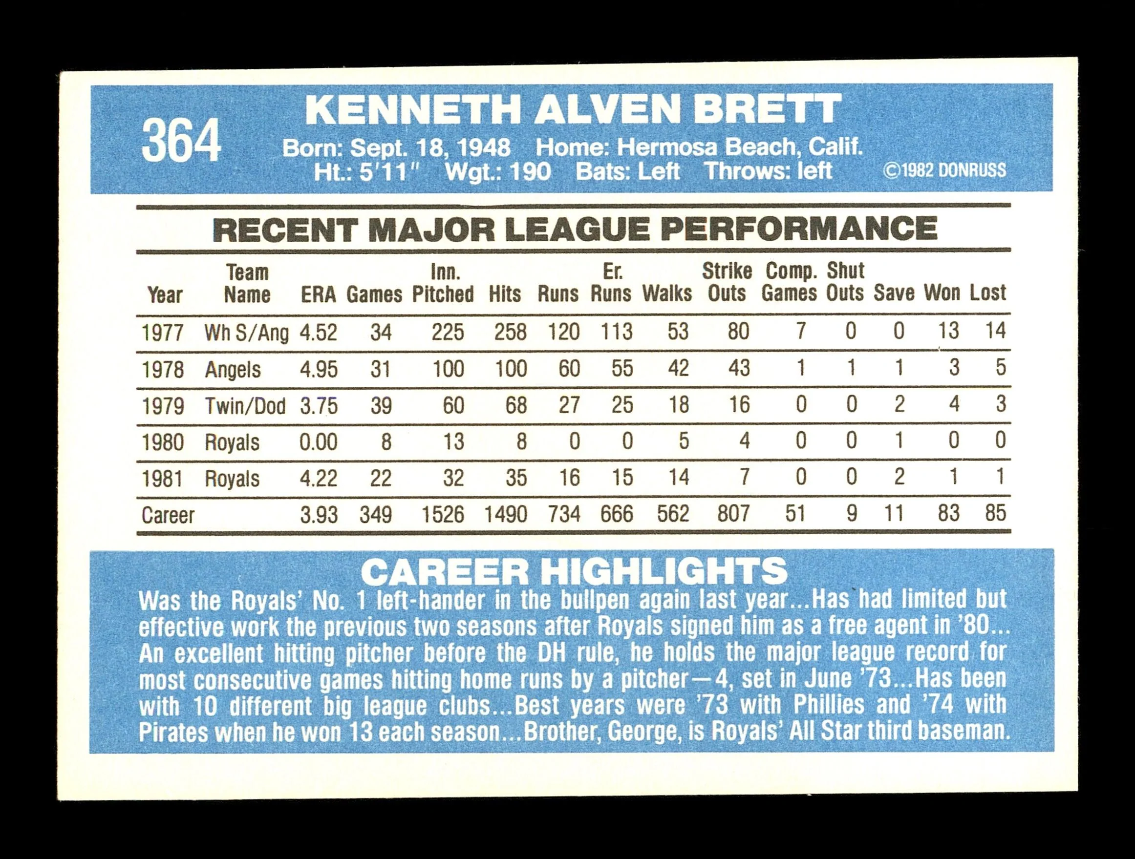 Ken Brett Autographed 1982 Donruss Card #364 Kansas City Royals SKU #166868 - Image 2