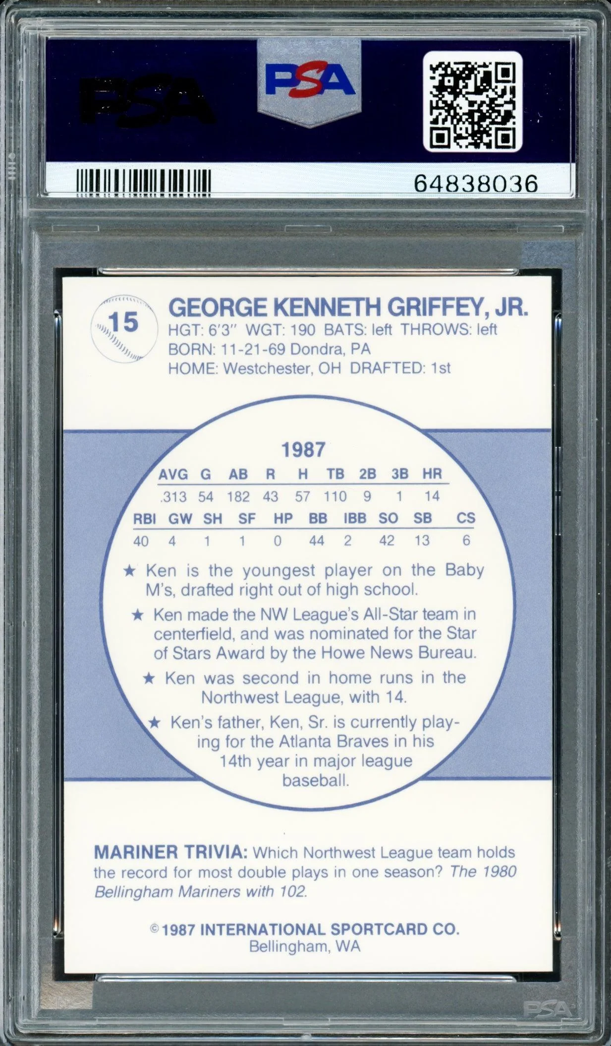 Ken Griffey Jr. Autographed 1987 Bellingham Rookie Card #15 Seattle Mariners PSA 8 Auto Grade Gem Mint 10 PSA/DNA #64838036 - Image 2