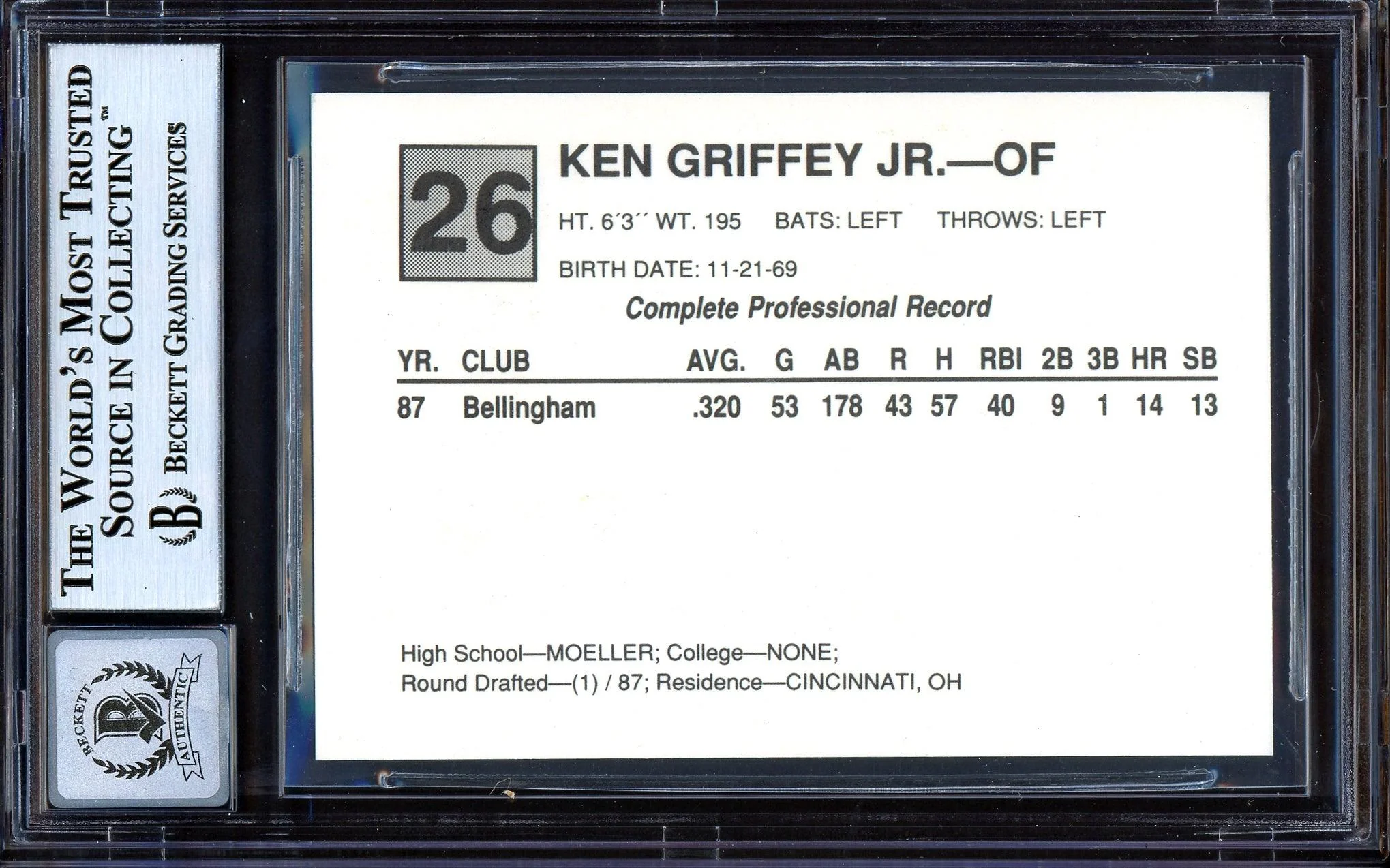 Ken Griffey Jr. Autographed 1988 Cal League All Star Rookie Card #26 San Bernardino Spirit Auto Grade Gem Mint 10 Beckett BAS #13314040 - Image 2