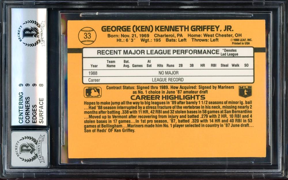 Ken Griffey Jr. Autographed 1989 Donruss Rated Rookie Card #33 Seattle Mariners BGS 8.5 Auto Grade Gem Mint 10 Beckett BAS #14727799 - Image 2