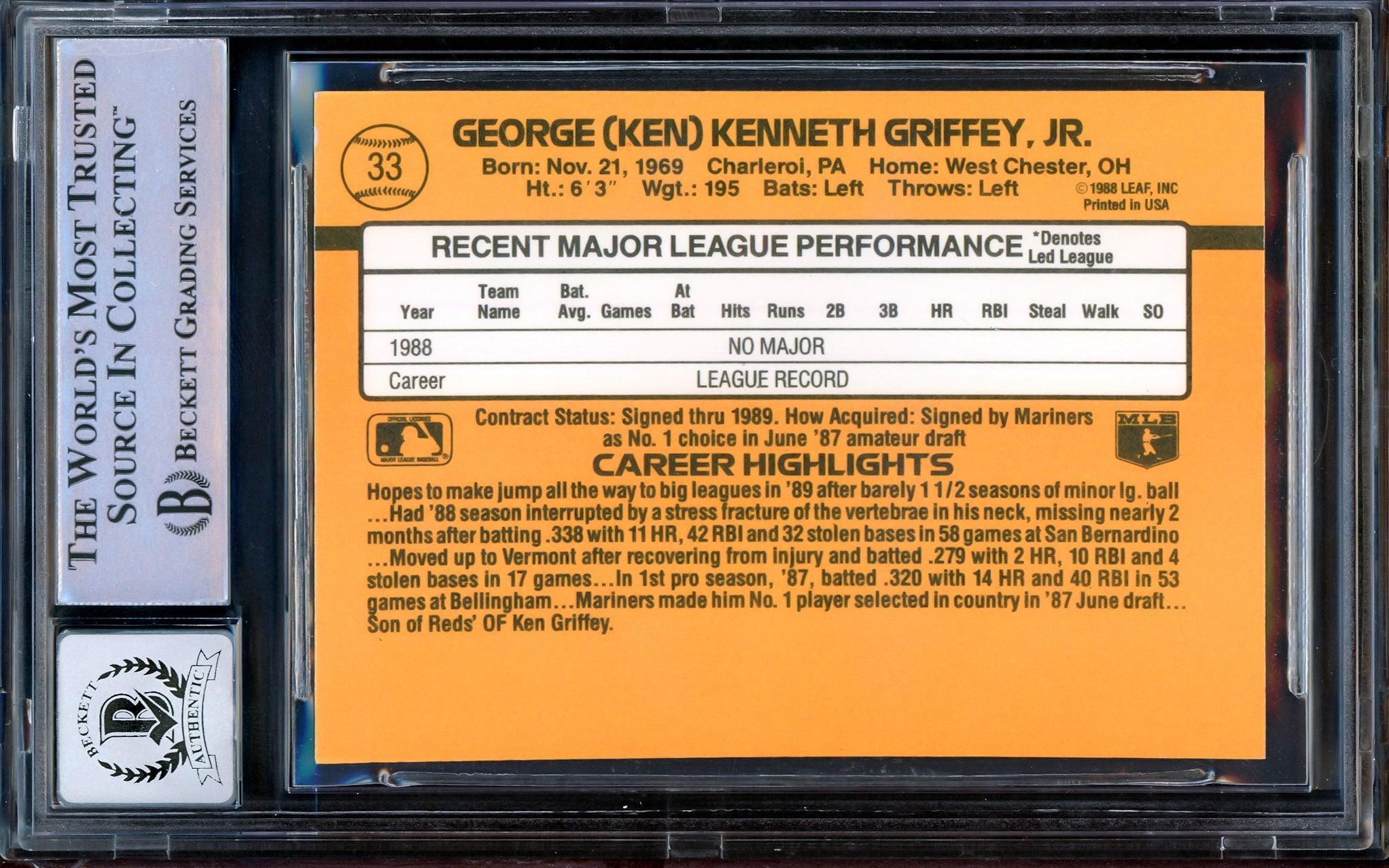 Ken Griffey Jr. Autographed 1989 Donruss Rookie Card #33 Seattle Mariners Auto Grade Gem Mint 10 Beckett BAS Stock #206763 - Image 2