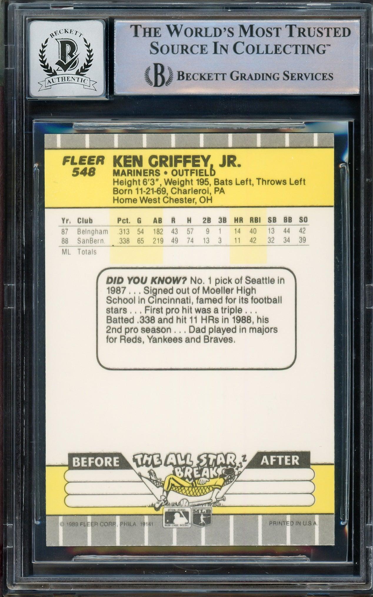 Ken Griffey Jr. Autographed 1989 Fleer Rookie Card #548 Seattle Mariners Auto Grade Gem Mint 10 Beckett BAS Stock #206769 - Image 2