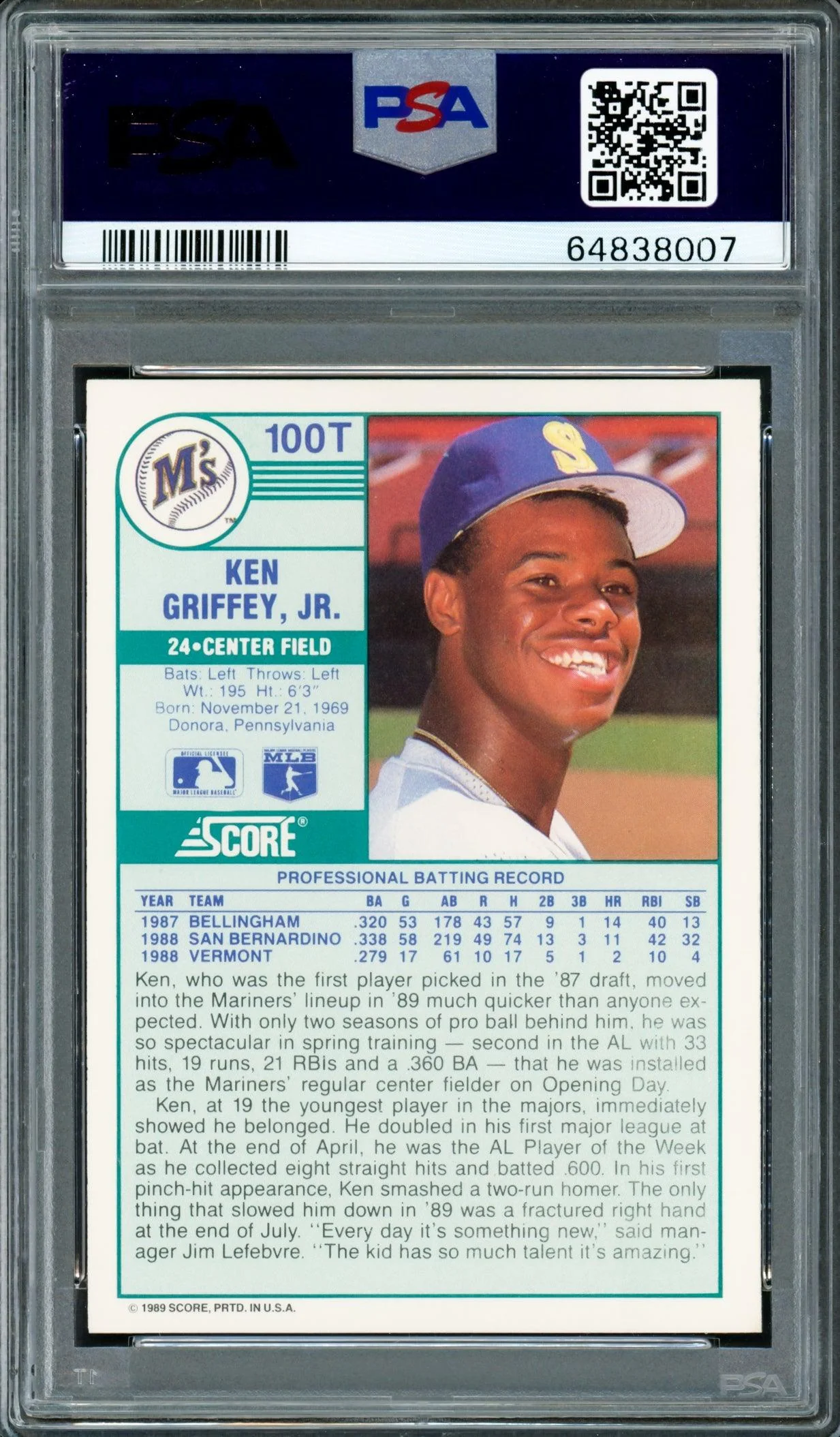 Ken Griffey Jr. Autographed 1989 Score Traded Rookie Card #100T Seattle Mariners PSA 10 Auto Grade Mint 9 PSA/DNA #64838007 - Image 2