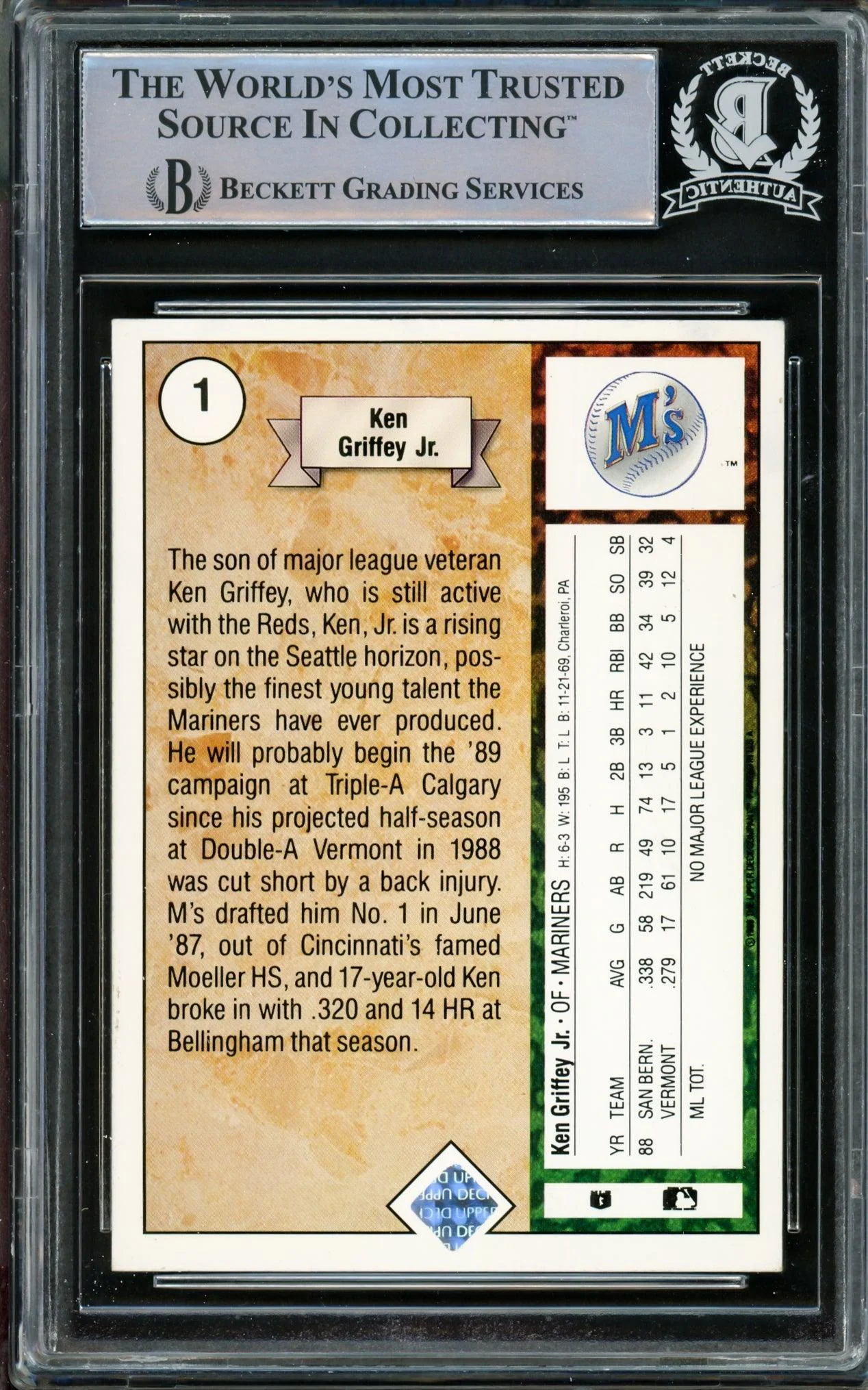 Ken Griffey Jr. Autographed 1989 Upper Deck Rookie Card #1 Seattle Mariners Vintage Rookie Era Signature Beckett BAS #14612436 - Image 2