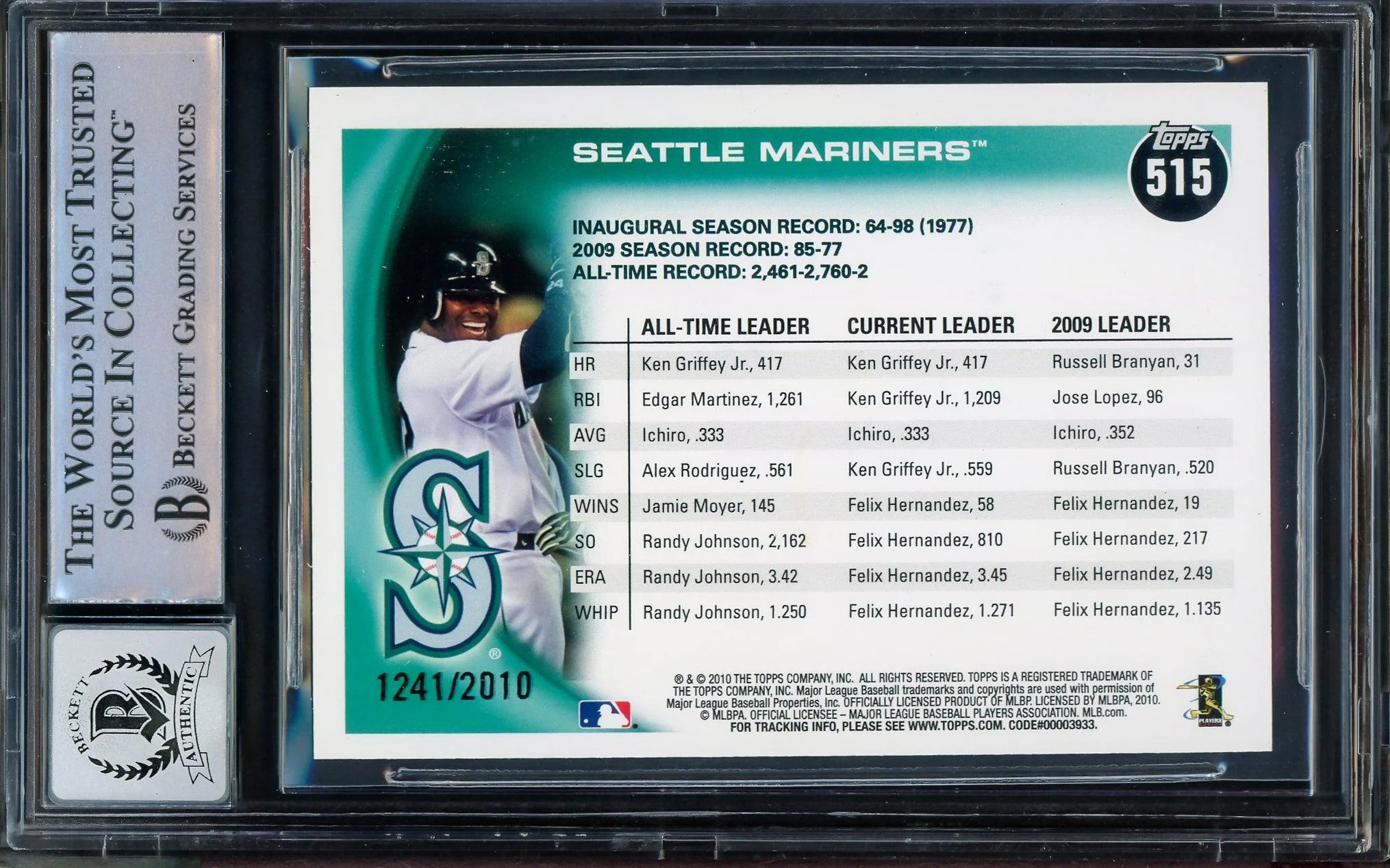Ken Griffey Jr. & Ichiro Suzuki Autographed 2010 Topps Gold Card #515 Seattle Mariners Auto Grade Gem Mint 10 Beckett BAS #14392948 - Image 2