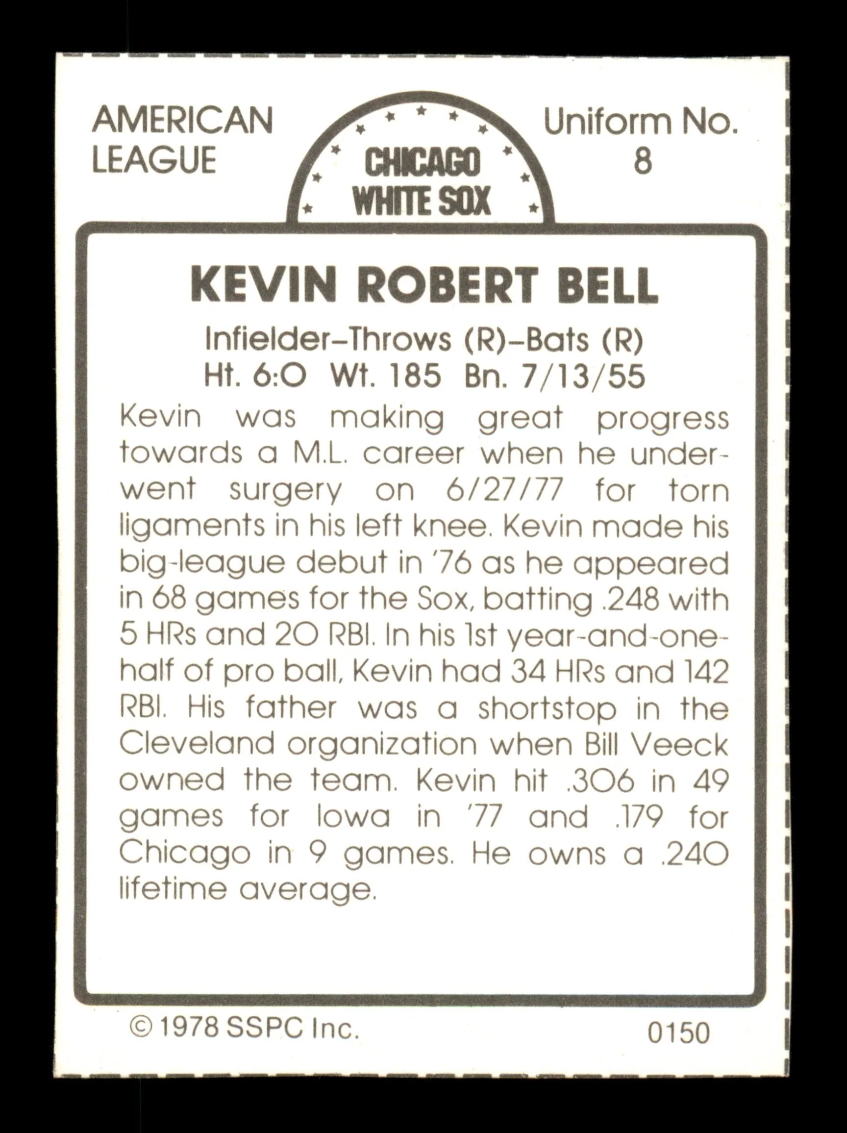 Kevin Bell Autographed 1978 SSPC Card #150 Chicago White Sox SKU #204542 - Image 2