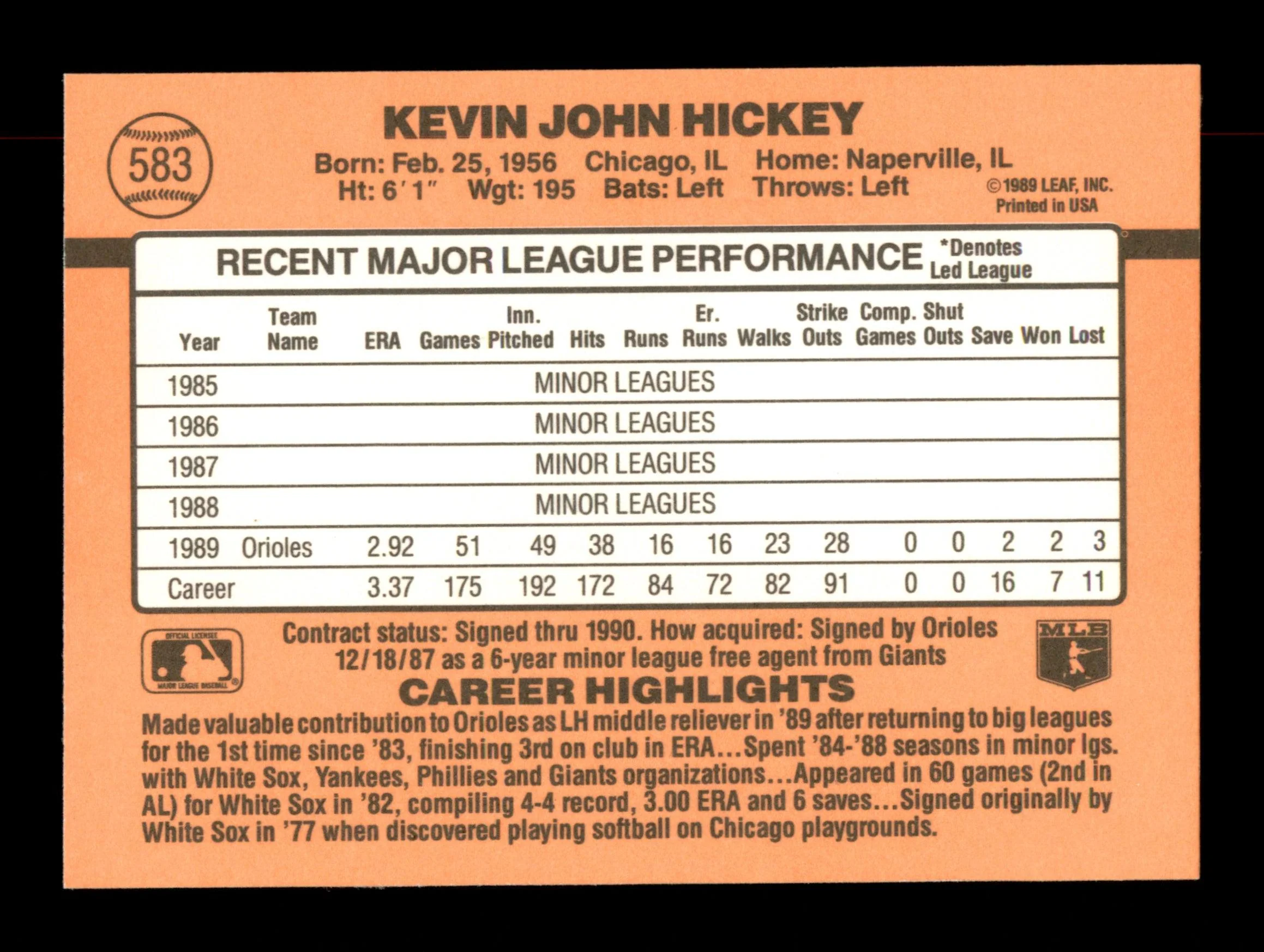 Kevin Hickey Autographed 1990 Donruss Card #583 Baltimore Orioles SKU #188589 - Image 2