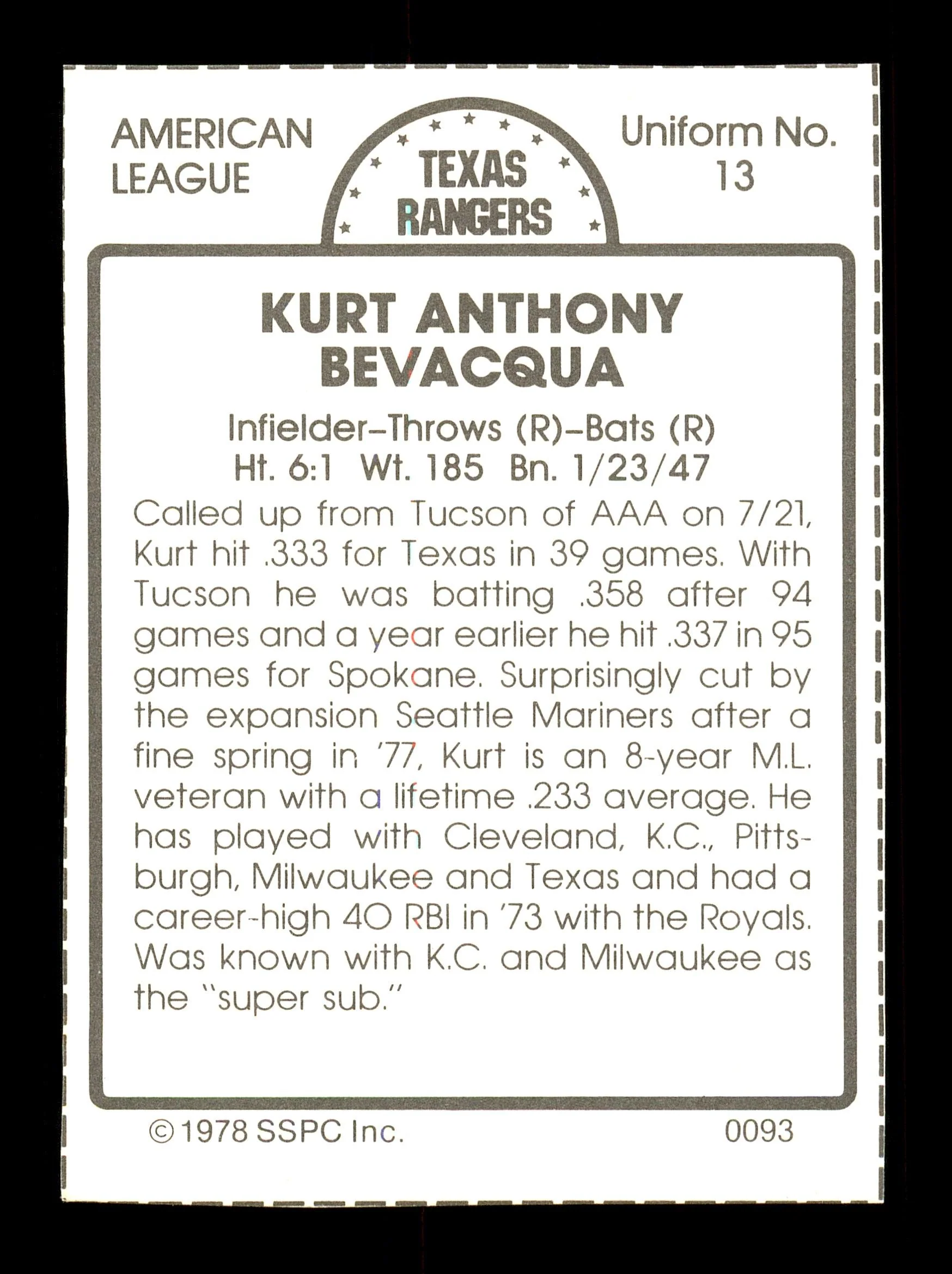 Kurt Bevacqua Autographed 1978 SSPC Card #93 Texas Rangers SKU #172292 - Image 2