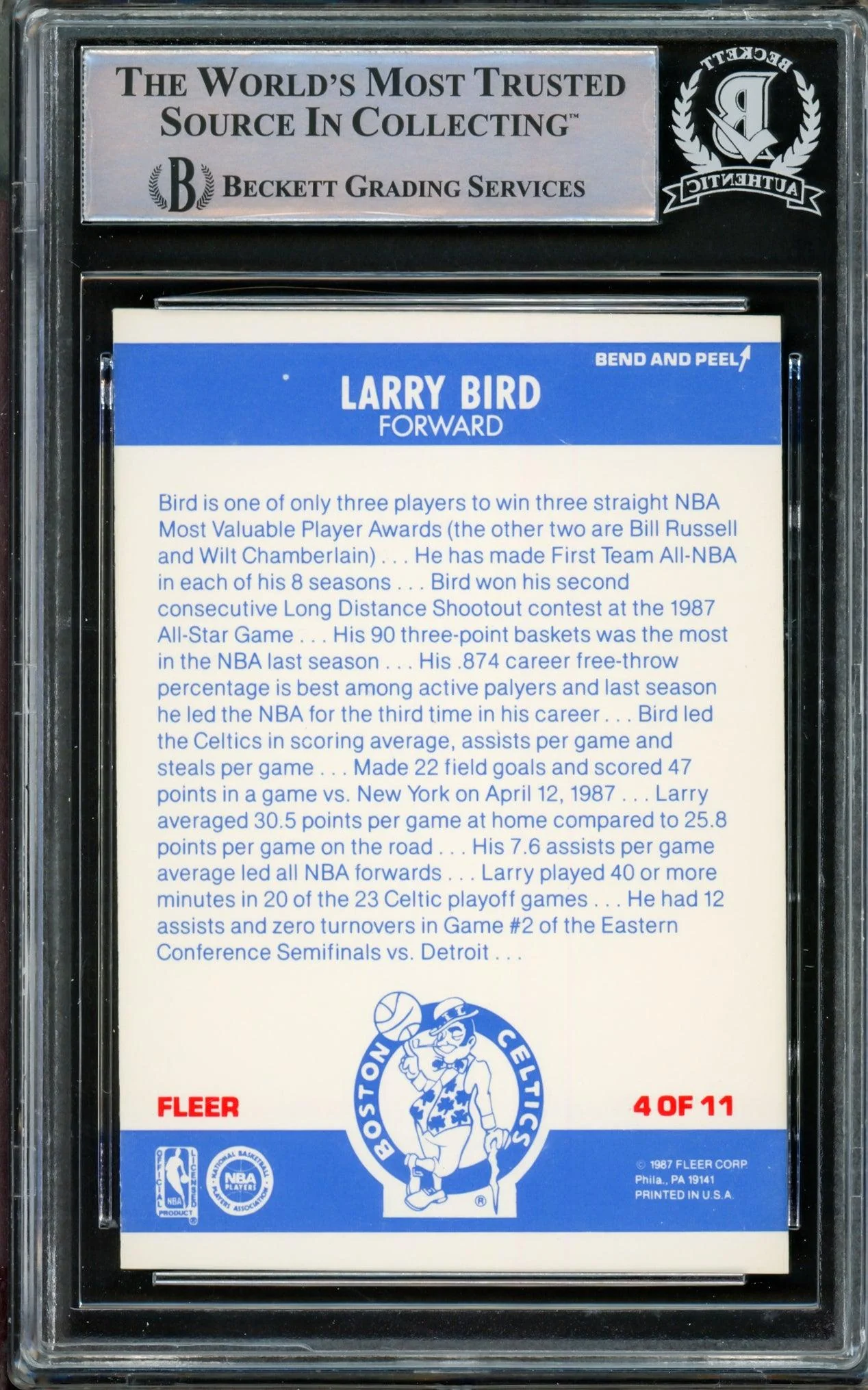 Larry Bird Autographed 1987-88 Fleer Sticker Card #4 Boston Celtics Beckett BAS #14612412 - Image 2