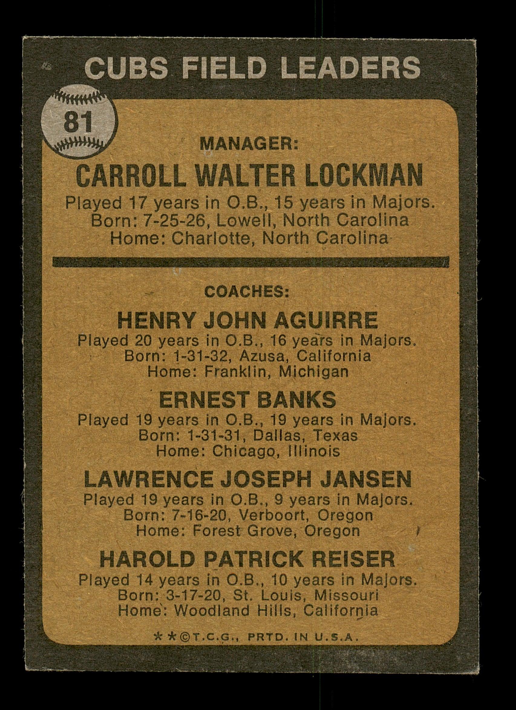 Larry Jansen Autographed 1973 Topps Card #81 Chicago Cubs Coach SKU #167186 - Image 2