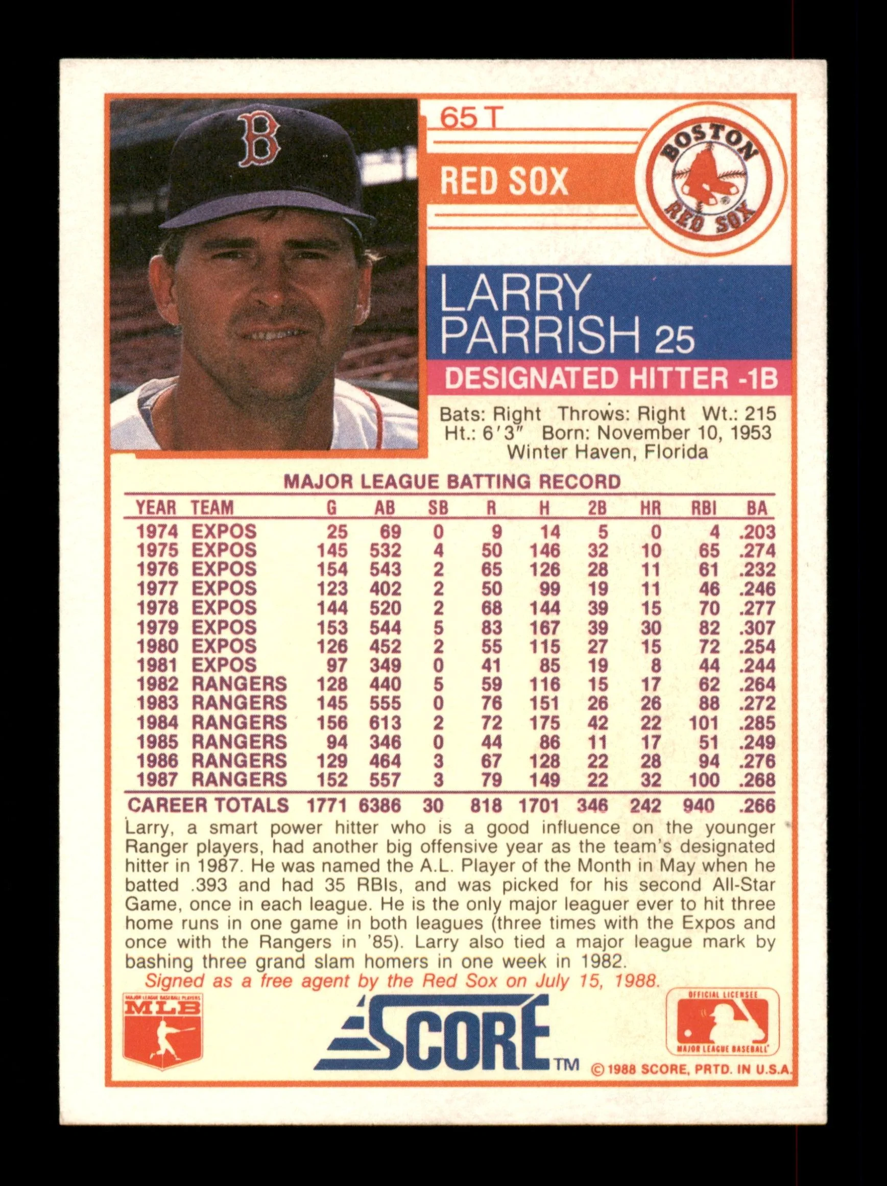 Larry Parrish Autographed 1988 Score Traded Card #65T Boston Red Sox SKU #188462 - Image 2