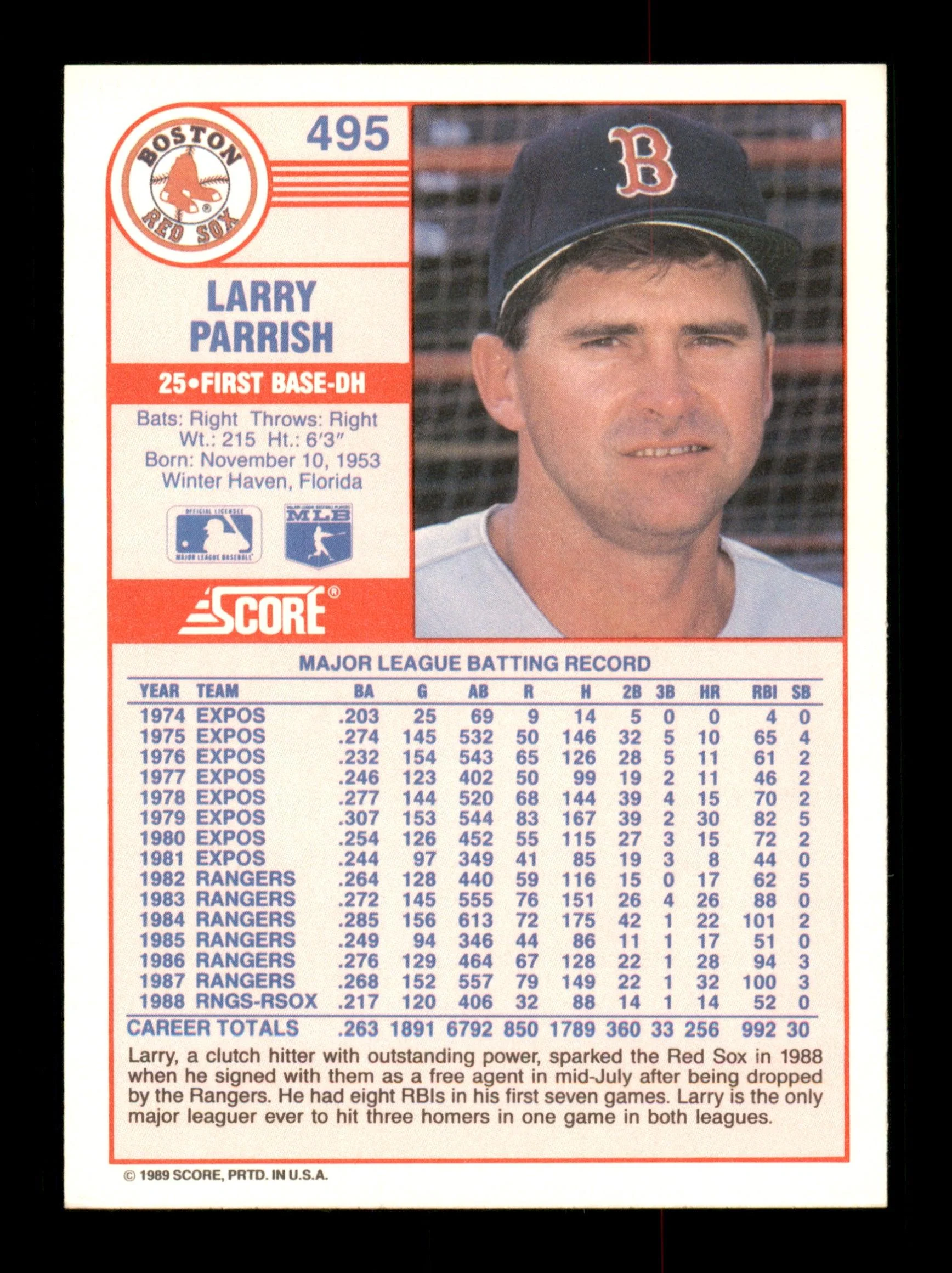 Larry Parrish Autographed 1989 Score Card #495 Boston Red Sox SKU #188262 - Image 2