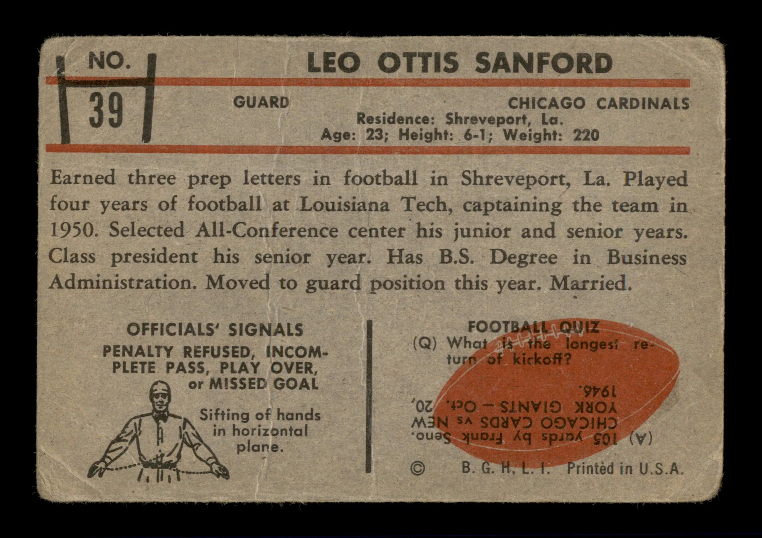 Leo Sanford Autographed 1953 Bowman Card #39 Chicago Cardinals (Off-Condition) SKU #197964 - Image 2