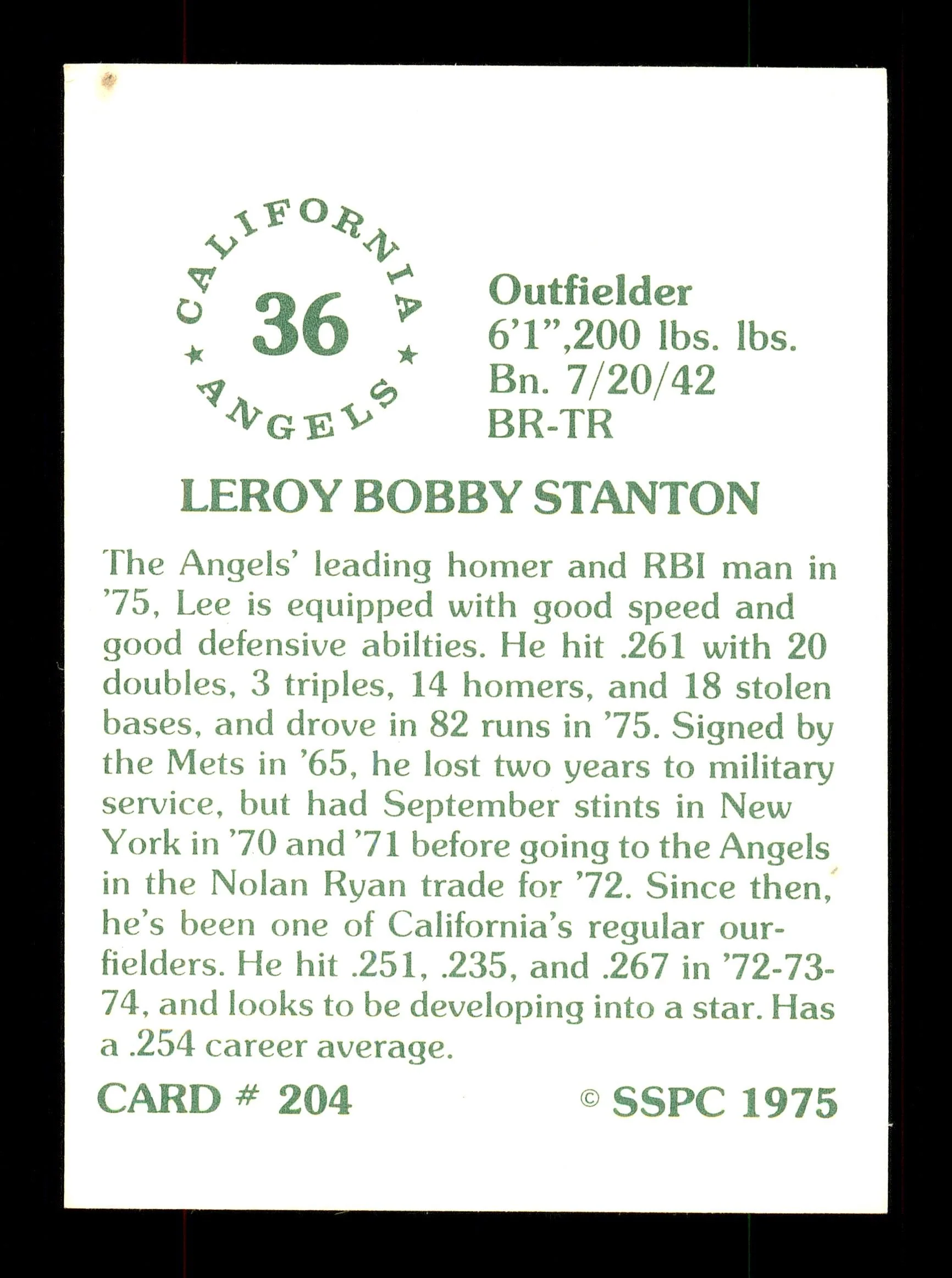 Leroy Stanton Autographed 1975 SSPC Card #204 California Angels SKU #172462 - Image 2