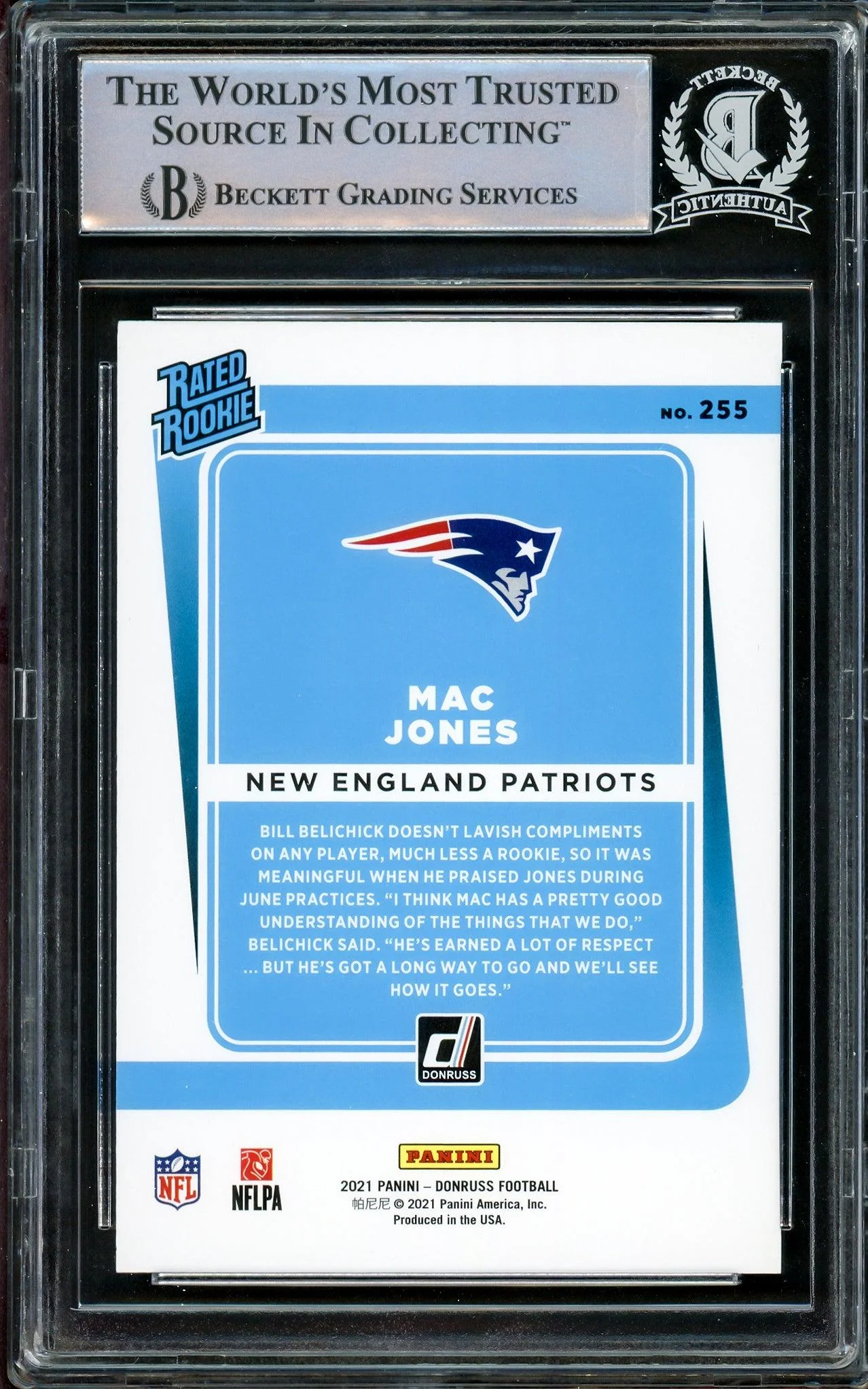 Mac Jones Autographed 2021 Donruss Rated Rookie Card #255 New England Patriots Beckett BAS Stock #206630 - Image 2