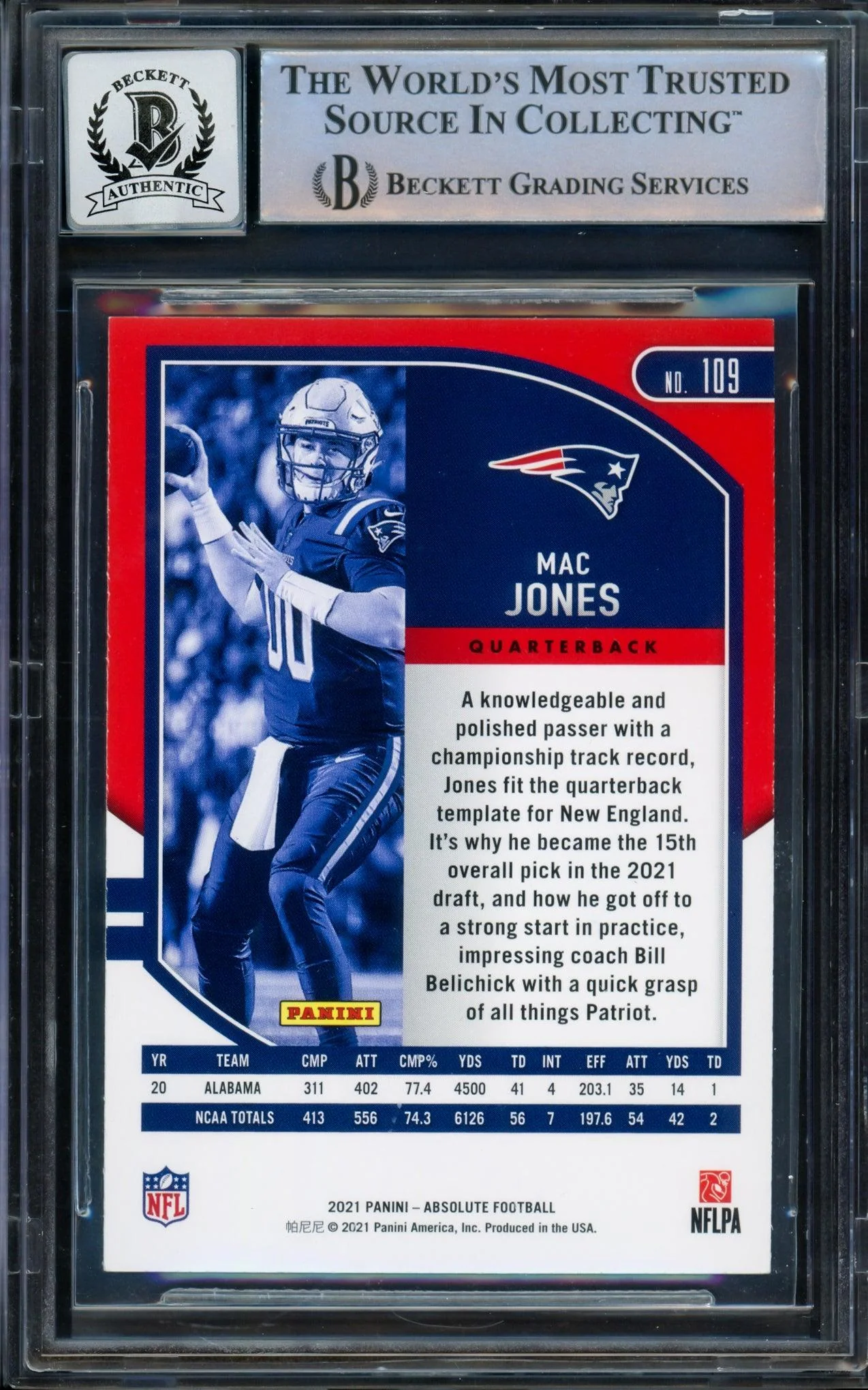 Mac Jones Autographed 2021 Panini Absolute Green Rookie Card #109 New England Patriots Auto Grade Gem Mint 10 Beckett BAS Stock #205968 - Image 2