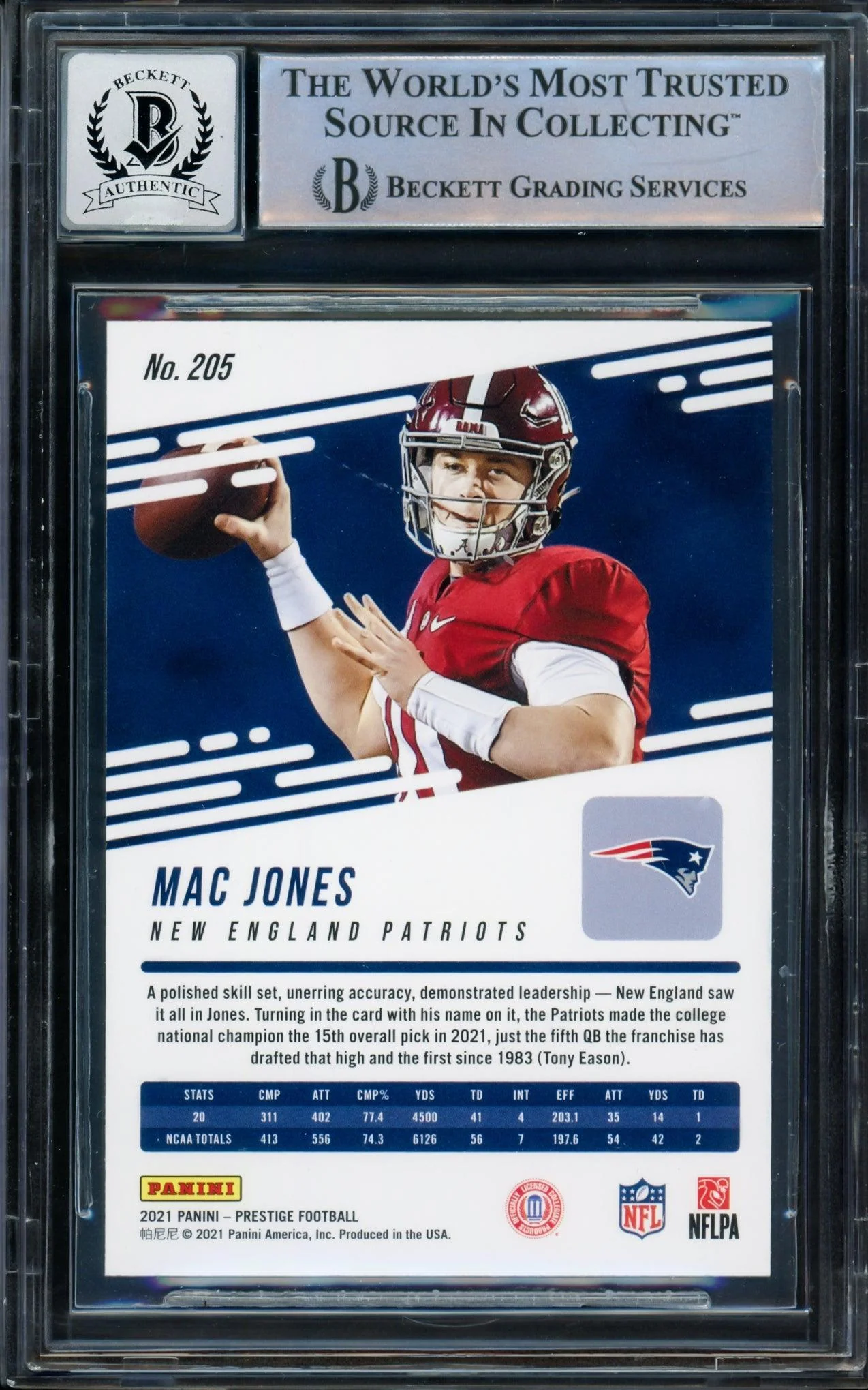 Mac Jones Autographed 2021 Panini Prestige Astral Stars Rookie Card #205 New England Patriots Auto Grade Gem Mint 10 Beckett BAS #14236018 - Image 2