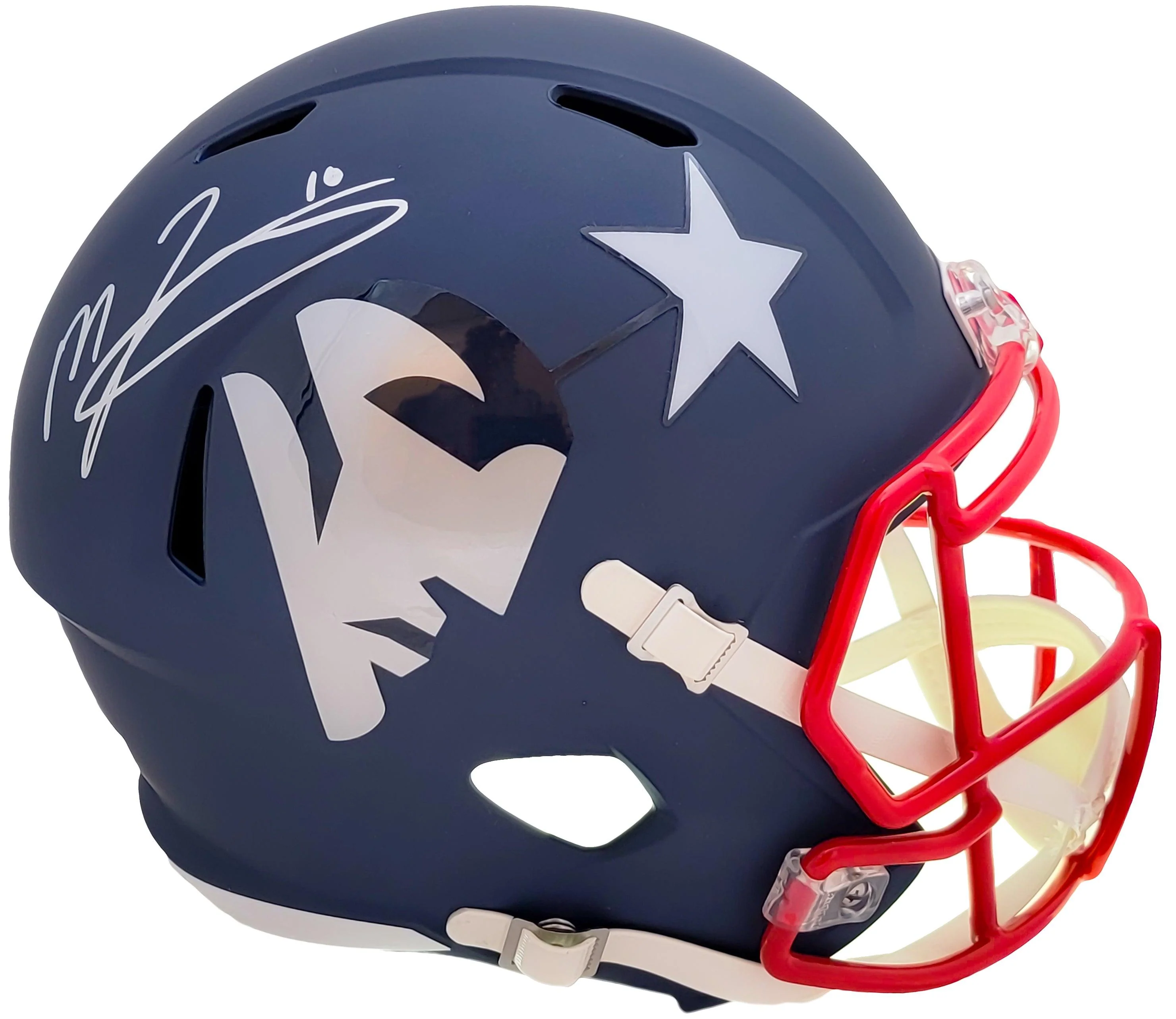 Mac Jones Autographed New England Patriots AMP Blue Full Size Replica Speed Helmet Beckett BAS Witness Stock #206519