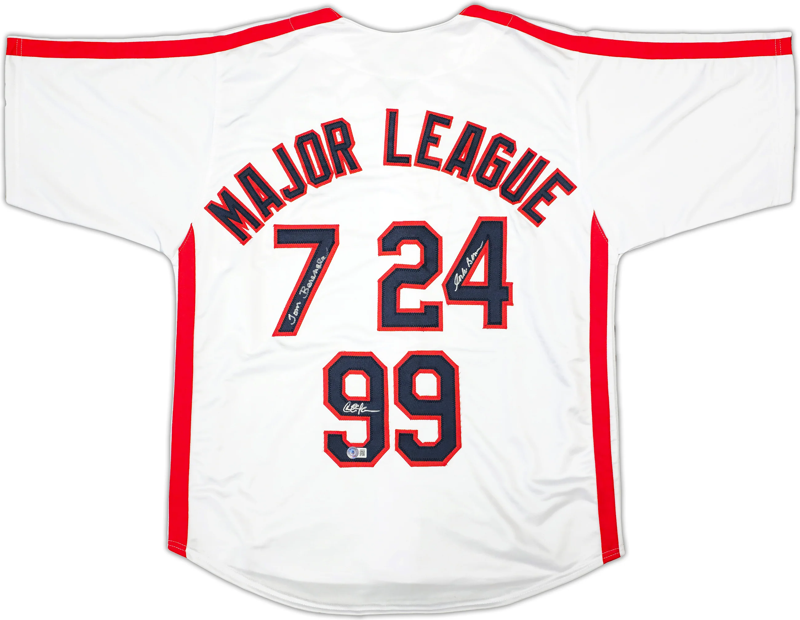 Major League Charlie Sheen, Corbin Bernsen & Tom Berenger Autographed White Jersey Beckett BAS Witness