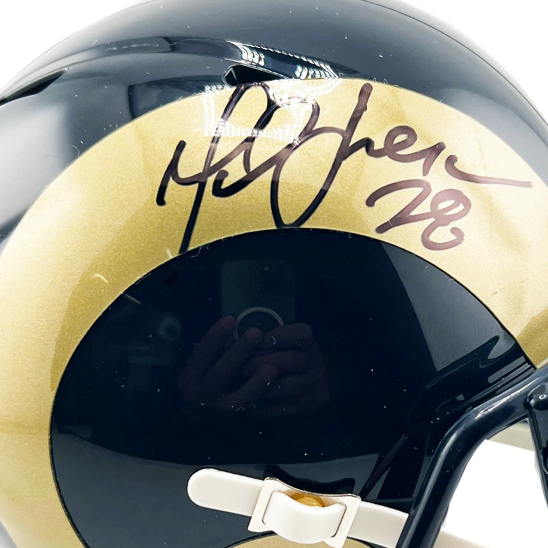 Marshall Faulk Signed Los Angeles Rams Throwback 00-16 Speed Mini Football Helmet (Beckett) - Image 2