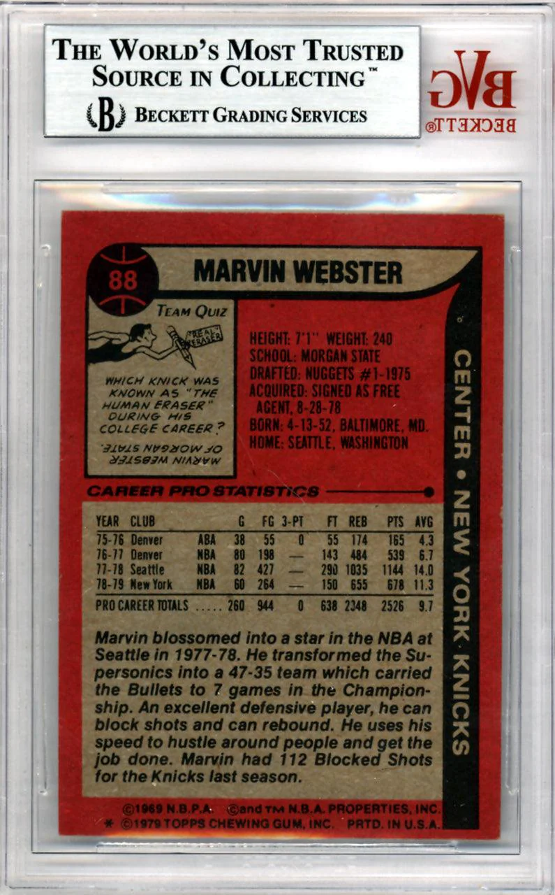 Marvin Webster Autographed 1979 Topps Card #88 New York Knicks Beckett BAS #10009159 - Image 2