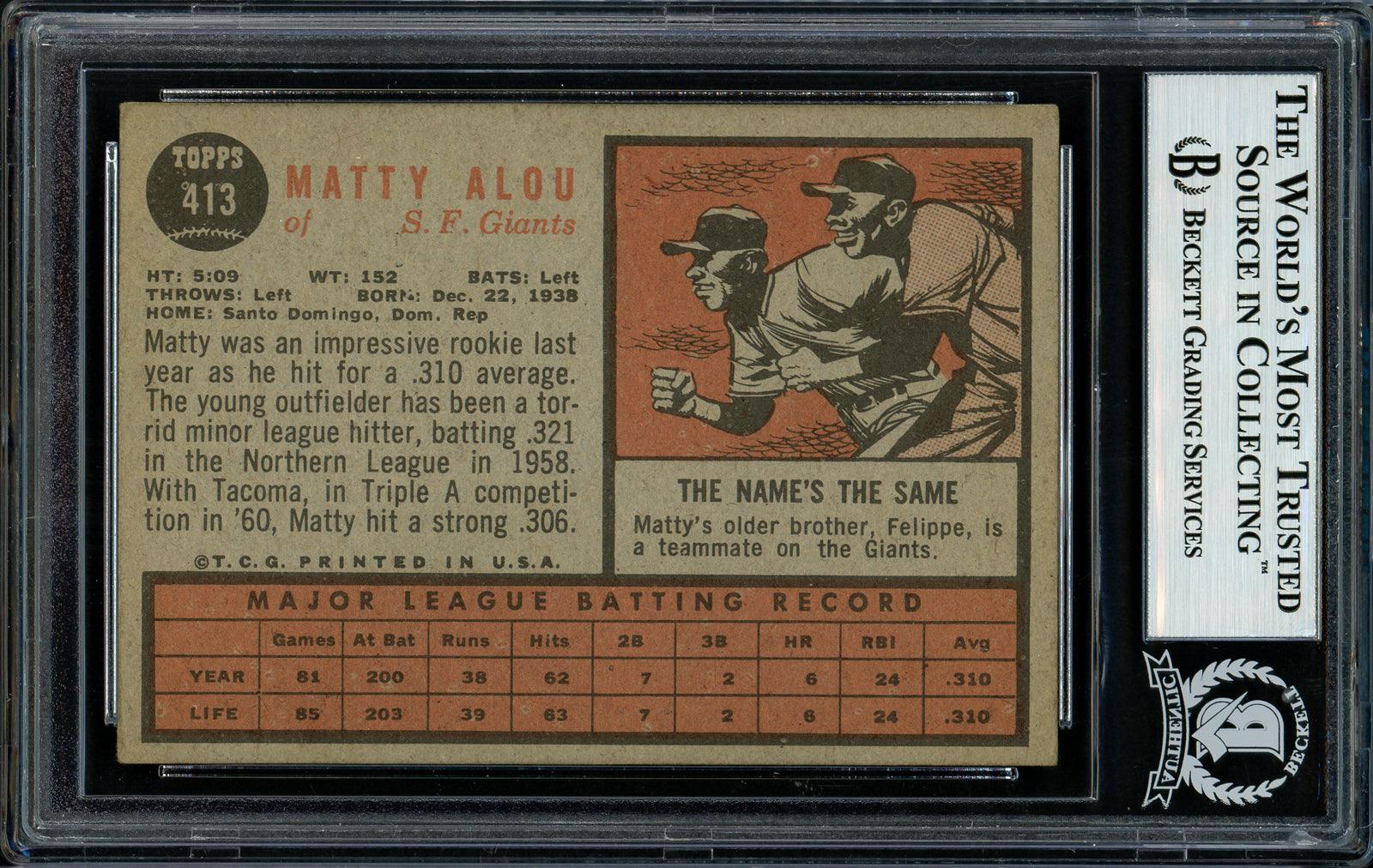 Matty Alou Autographed 1962 Topps Card #413 San Francisco Giants Beckett BAS #11481512 - Image 2
