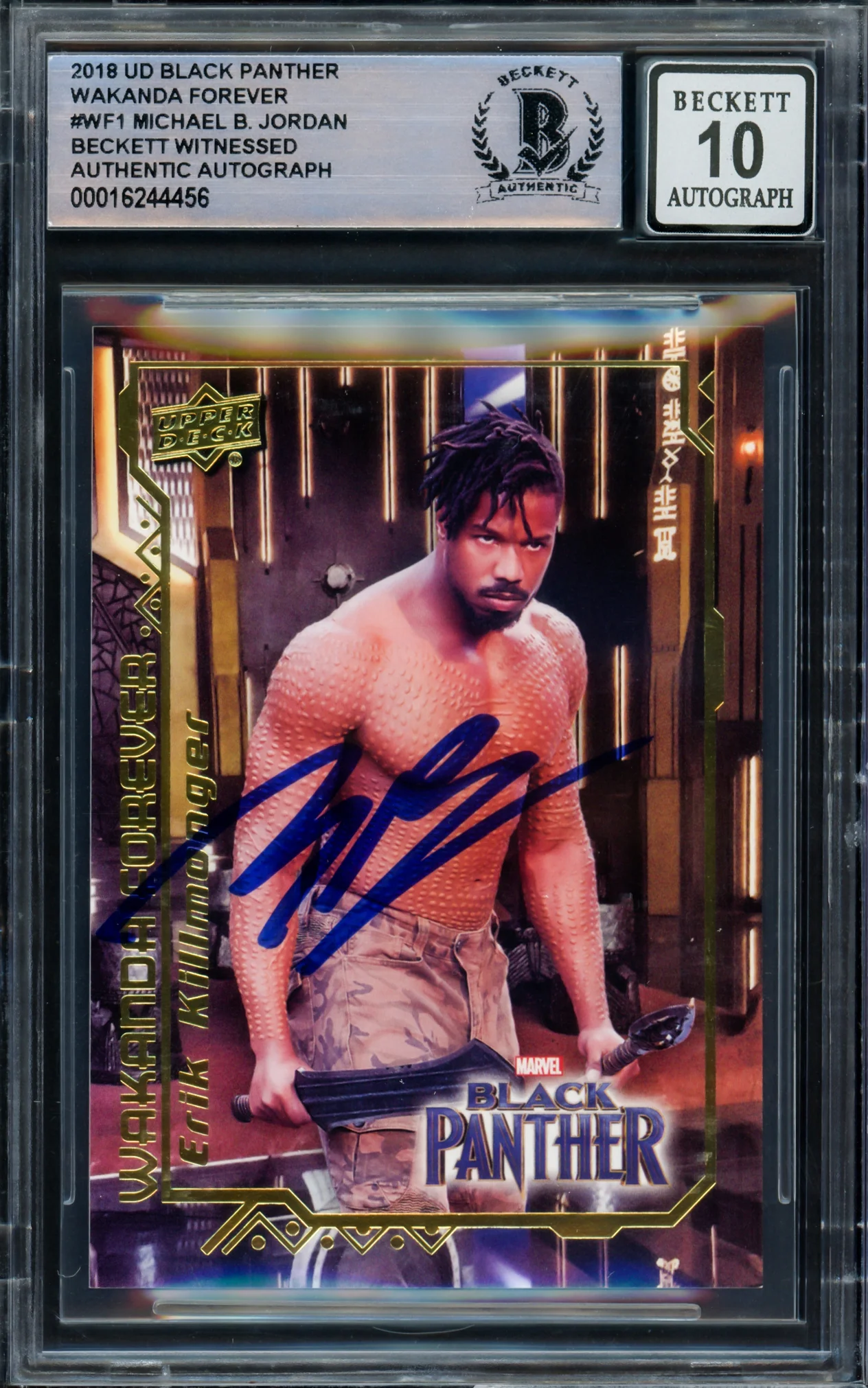 Michael B. Jordan Autographed 2018 Upper Deck Black Panther Wakanda Forever Card #WF1 Marvel Auto Grade Gem Mint 10 Beckett BAS