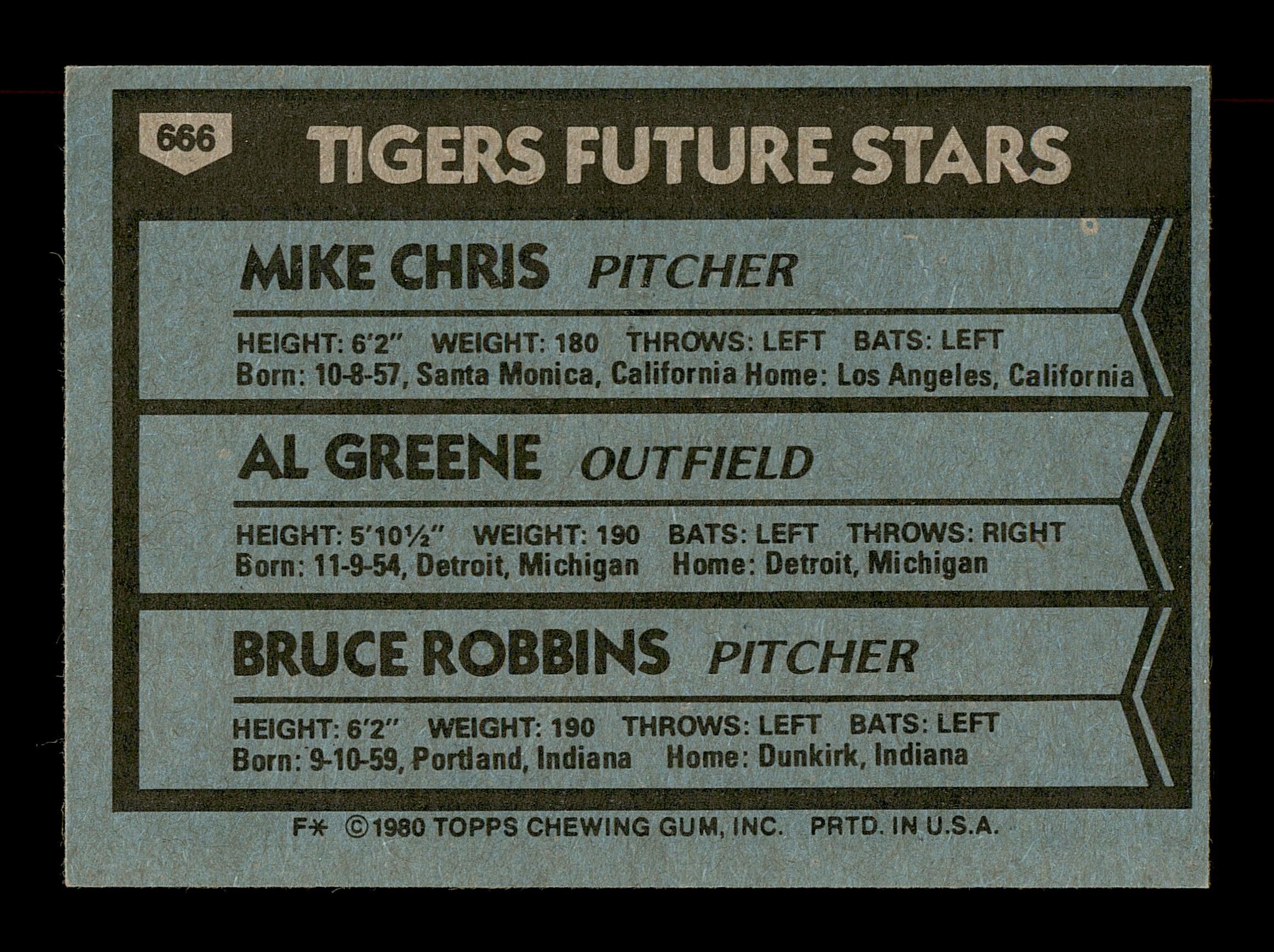Mike Chris & Bruce Robbins Autographed 1980 Topps Rookie Card #666 Detroit Tigers SKU #166414 - Image 2