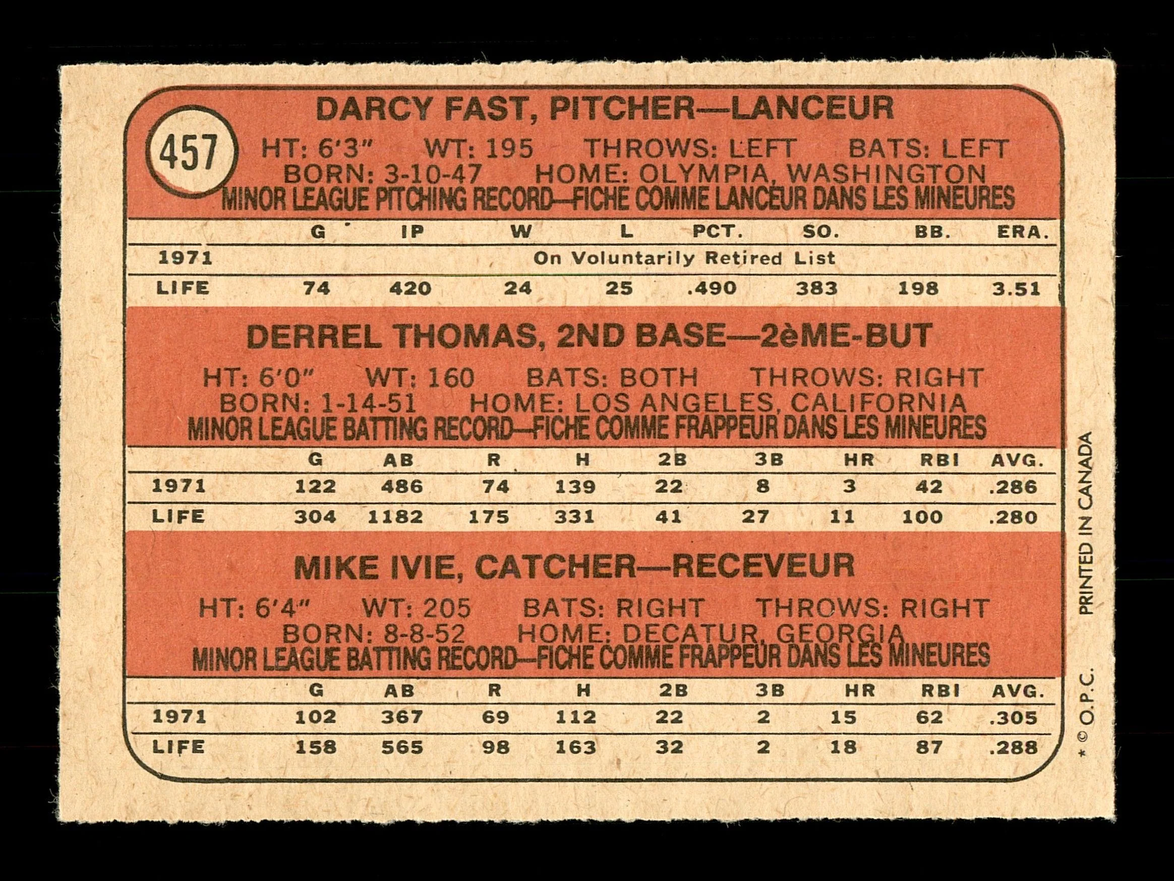 Mike Ivie Autographed 1972 O-Pee-Chee Rookie Card #457 San Diego Padres SKU #169195 - Image 2