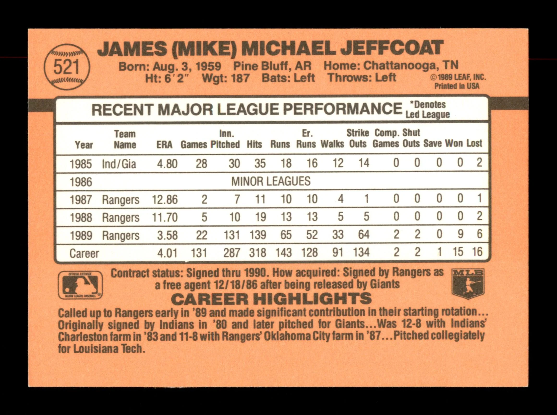 Mike Jeffcoat Autographed 1990 Donruss Card #521 Texas Rangers SKU #188584 - Image 2