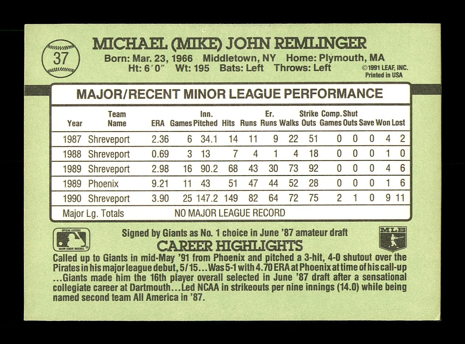 Mike Remlinger Autographed 1991 Donruss The Rookies Rookie Card #37 San Francisco Giants SKU #184539 - Image 2