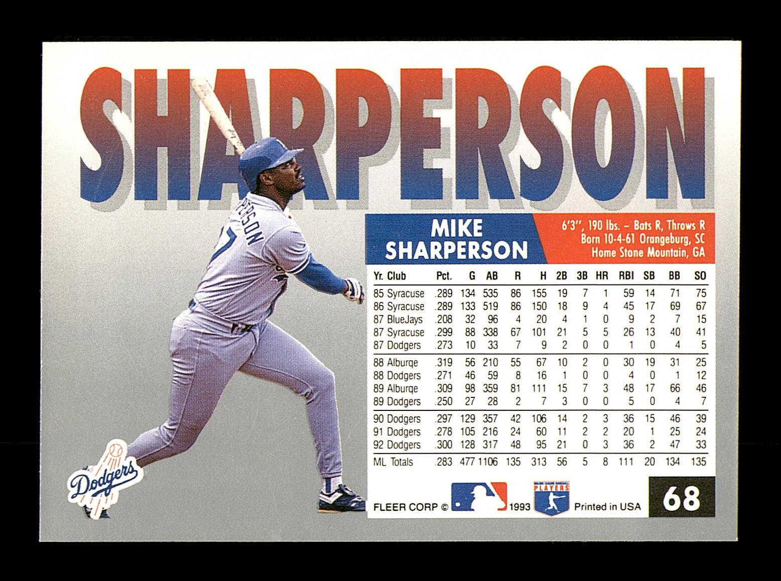 Mike Sharperson Autographed 1993 Fleer Card #68 Los Angeles Dodgers SKU #183572 - Image 2