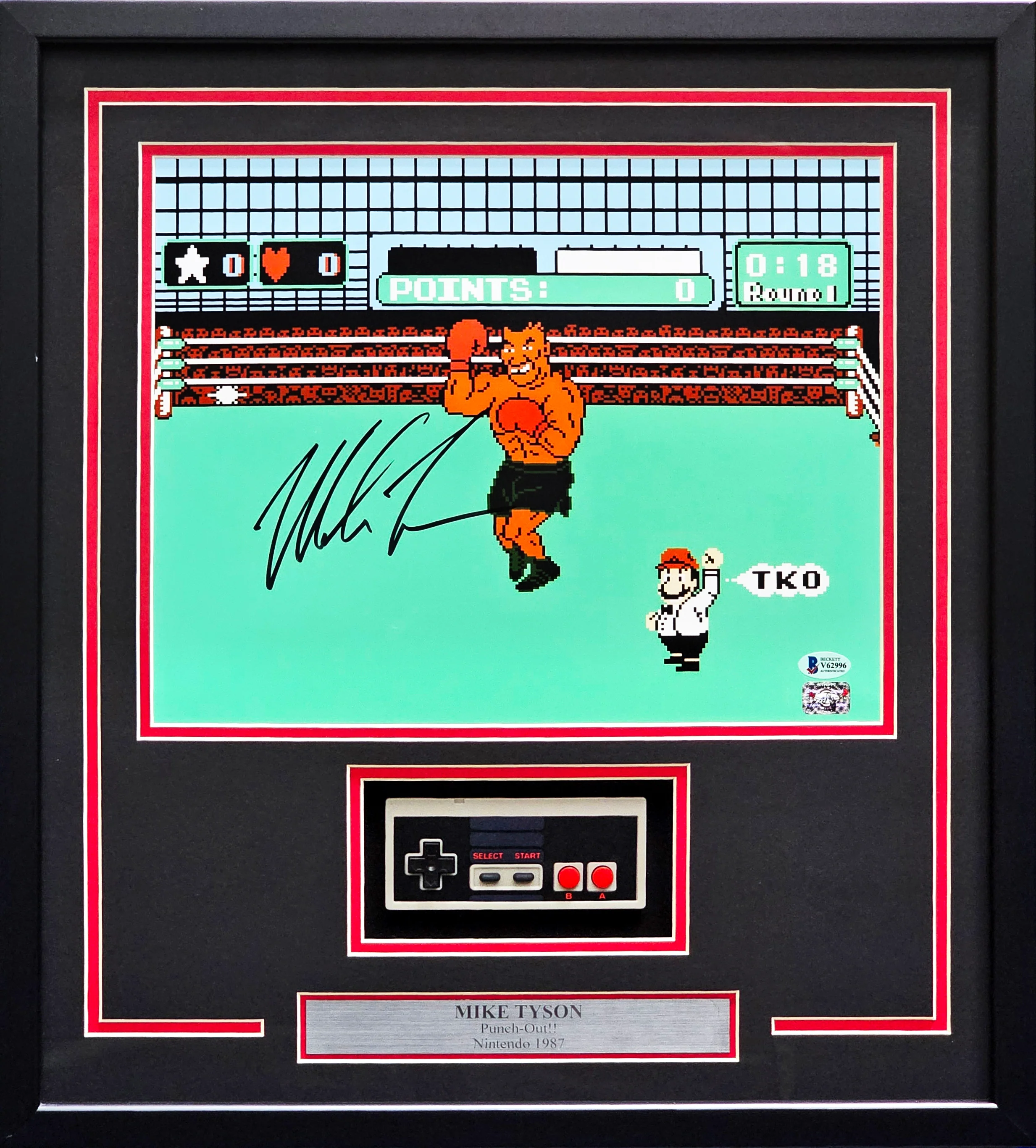 Mike Tyson Autographed Framed 11x14 Photo Punch-Out!! With NES Controller Beckett BAS Stock #220544