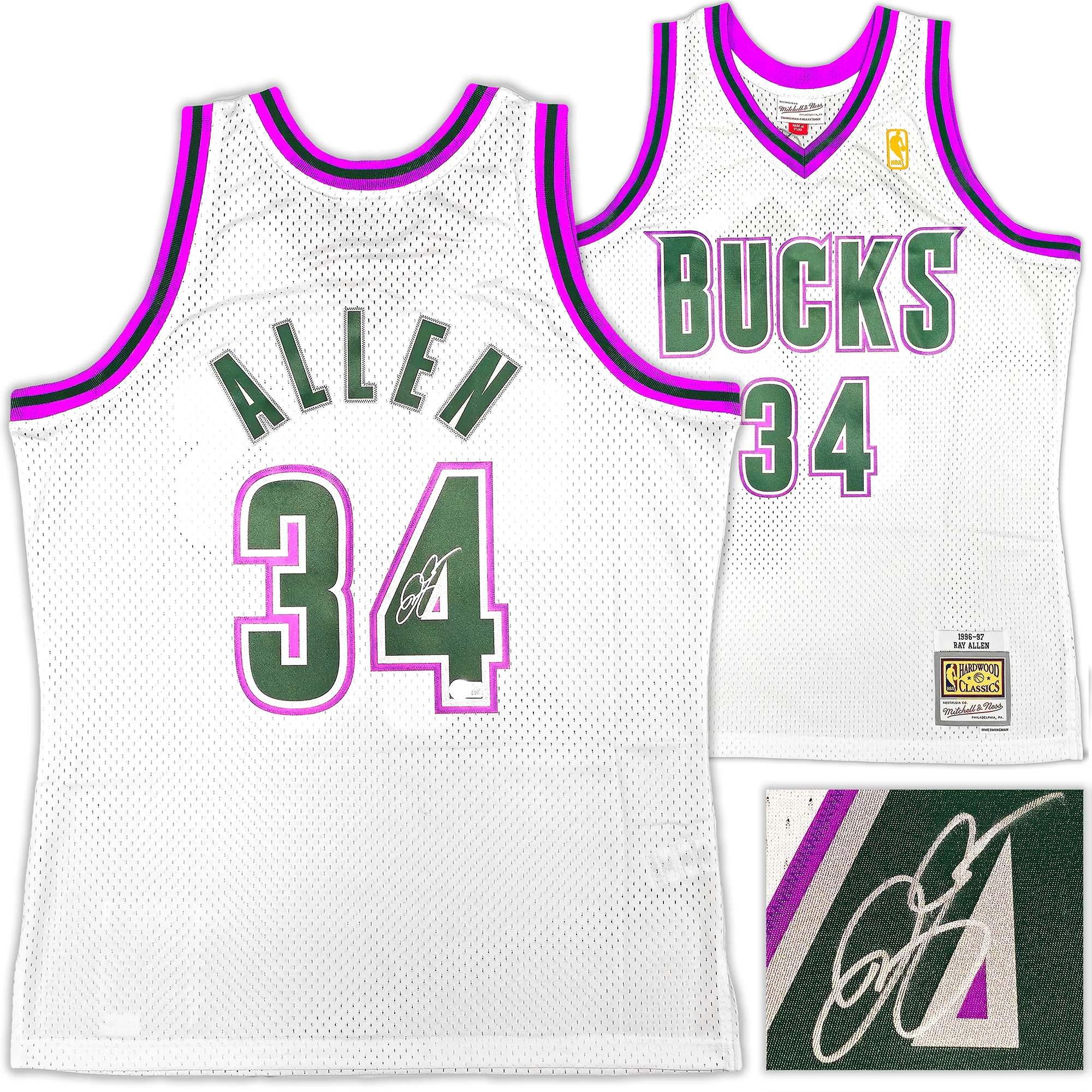Milwaukee Bucks Ray Allen Autographed White Authentic Mitchell & Ness 1996-97 Ray Allen HWC Swingman Jersey Size L Beckett BAS Witness