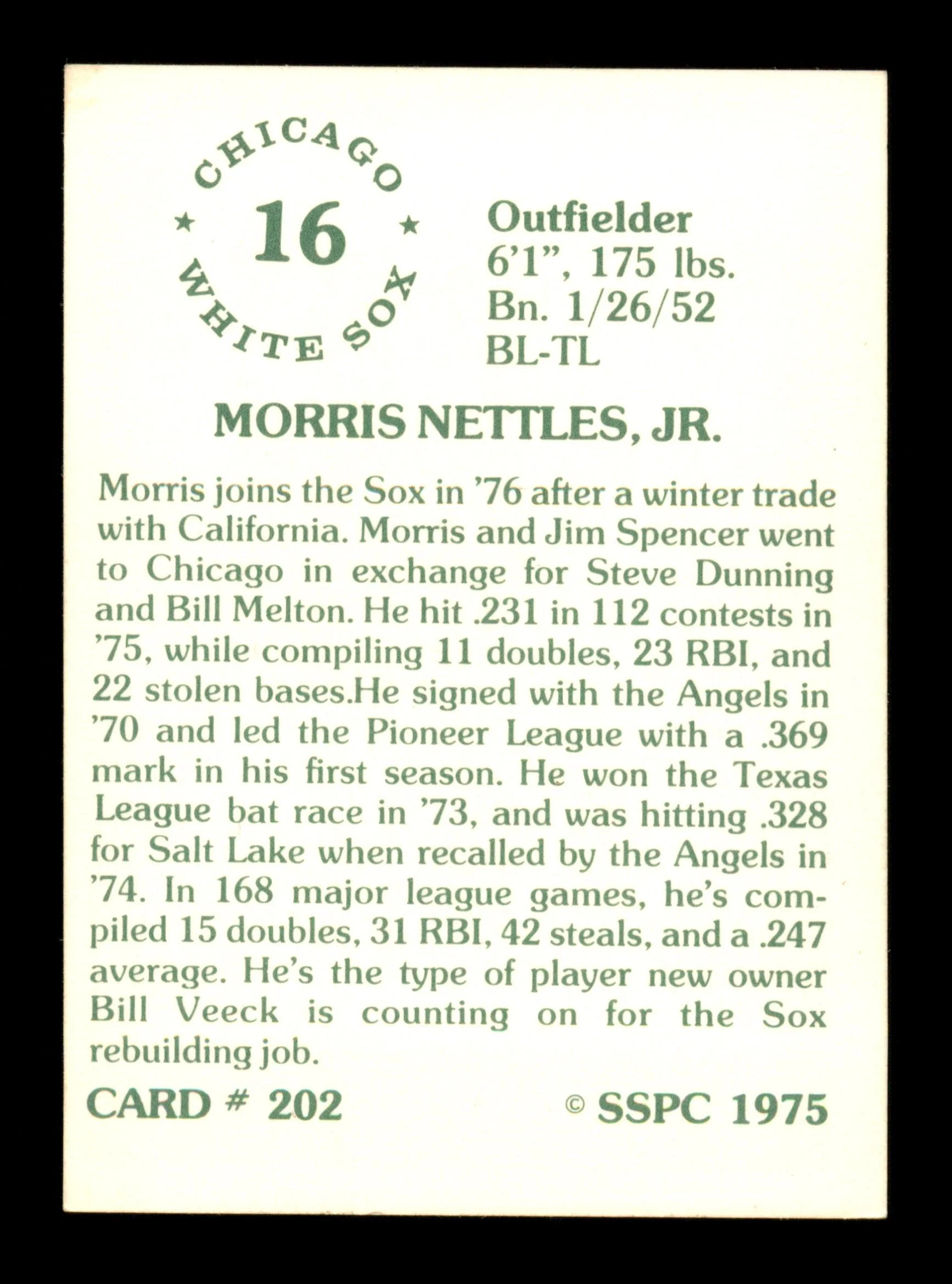 Morris Nettles Autographed 1975 SSPC Card #202 California Angels SKU #204745 - Image 2