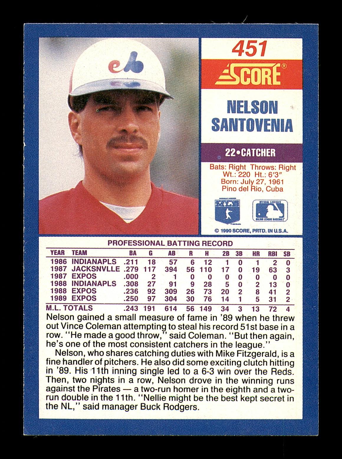 Nelson Santovenia Autographed 1990 Score Card #451 Montreal Expos SKU #183923 - Image 2