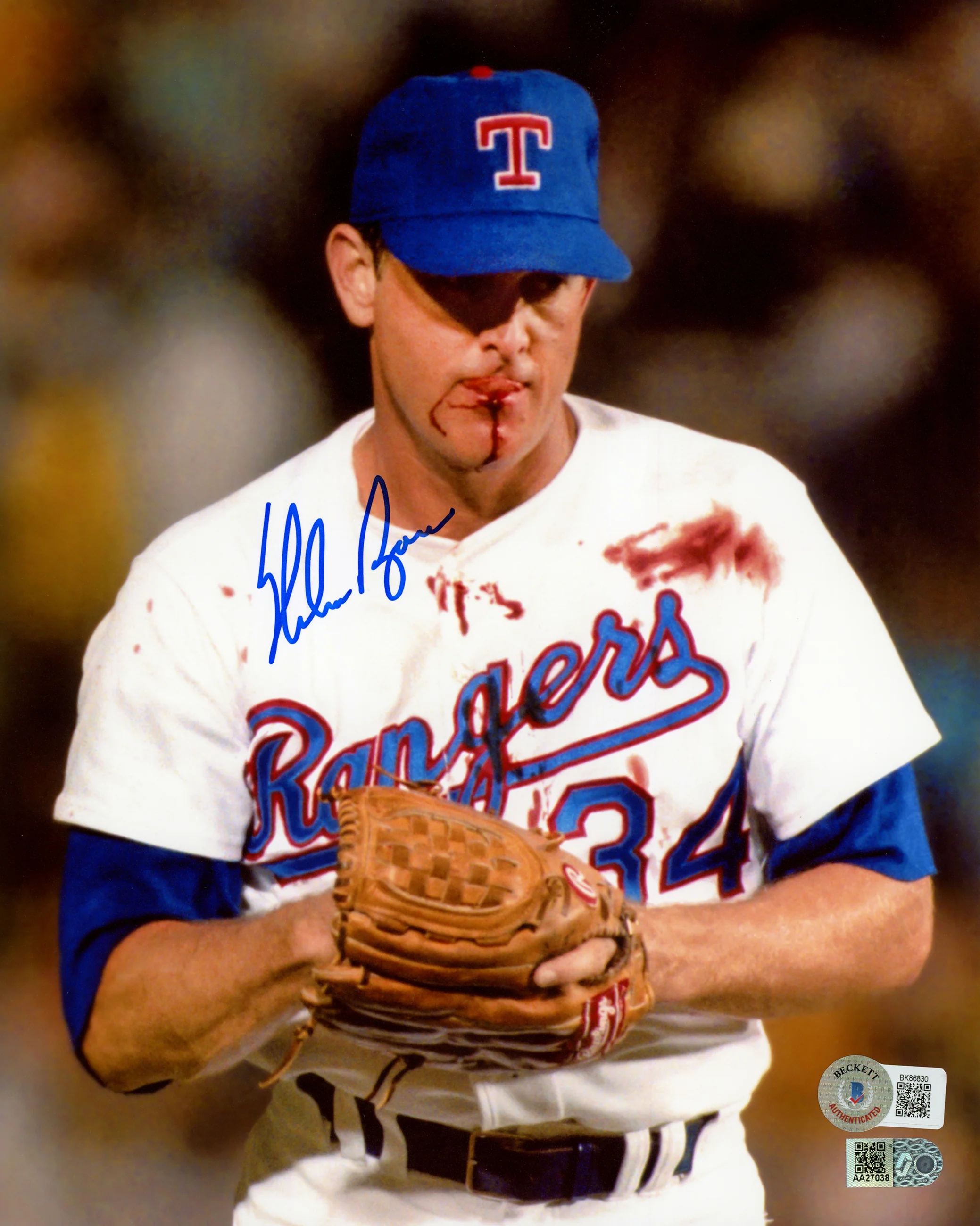 Nolan Ryan Autographed 8x10 Photo Texas Rangers Bloody Lip Beckett BAS QR