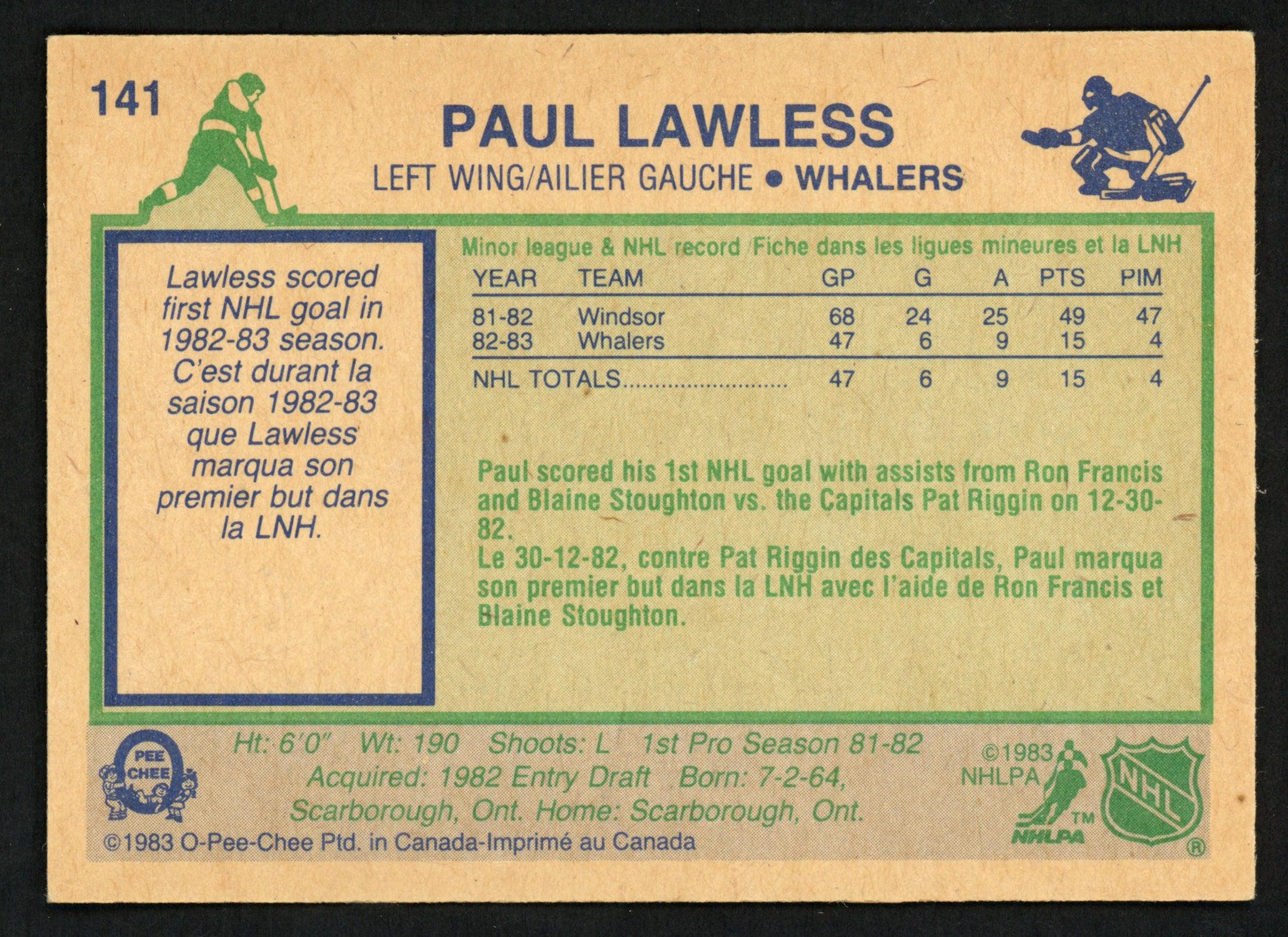 Paul Lawless Autographed 1983-84 O-Pee-Chee Rookie Card #141 Hartford Whalers SKU #150229 - Image 2