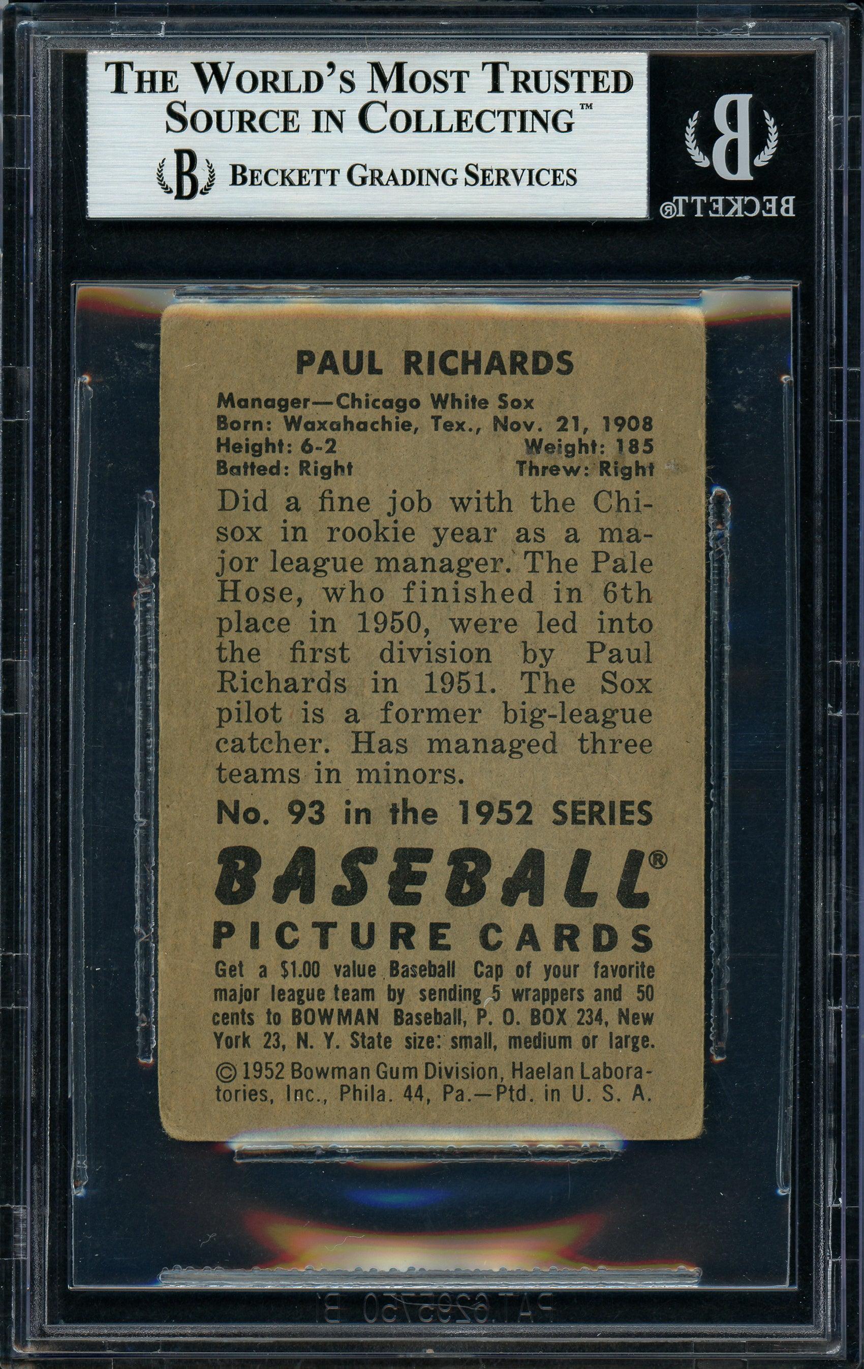 Paul Richards Autographed 1952 Bowman Rookie Card #93 Chicago White Sox Beckett BAS #11627883 - Image 2
