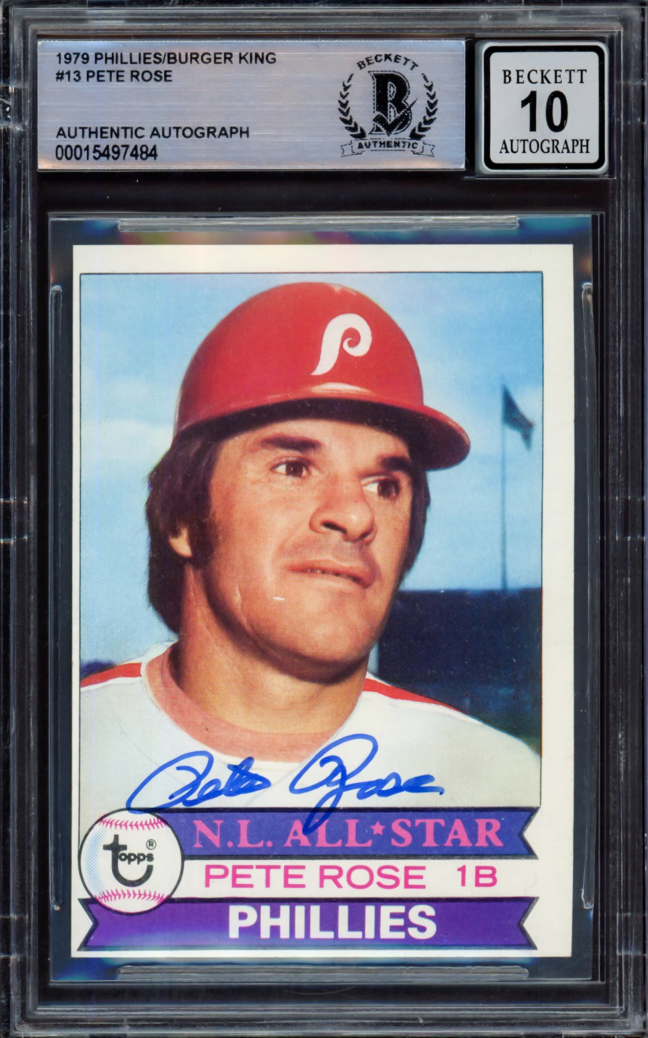 Pete Rose Autographed 1979 Topps Burger King Card #13 Philadelphia Phillies Auto Grade Gem Mint 10 Beckett BAS #15497484