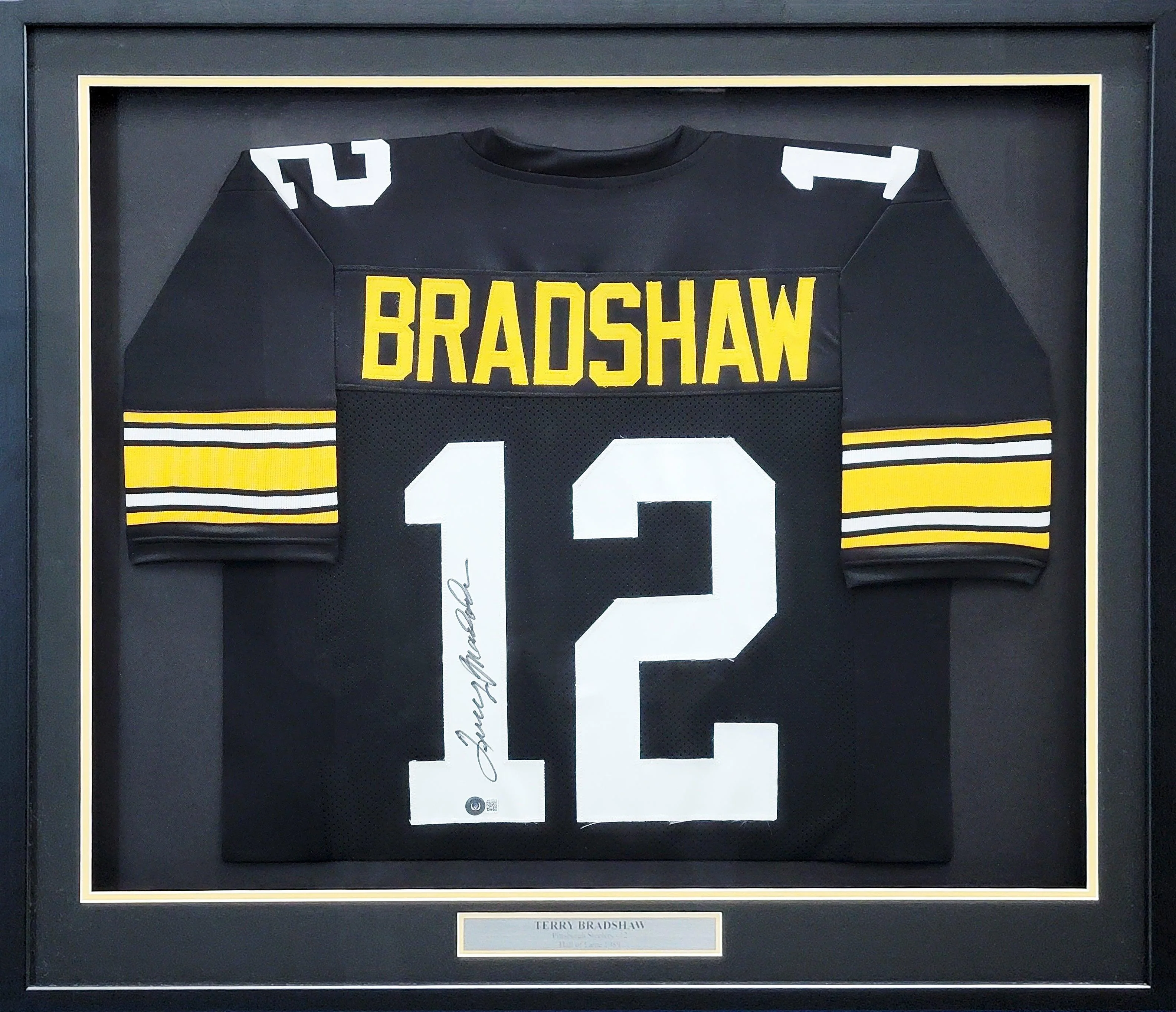 Pittsburgh Steelers Terry Bradshaw Autographed Framed Black Jersey Beckett BAS Stock #206949