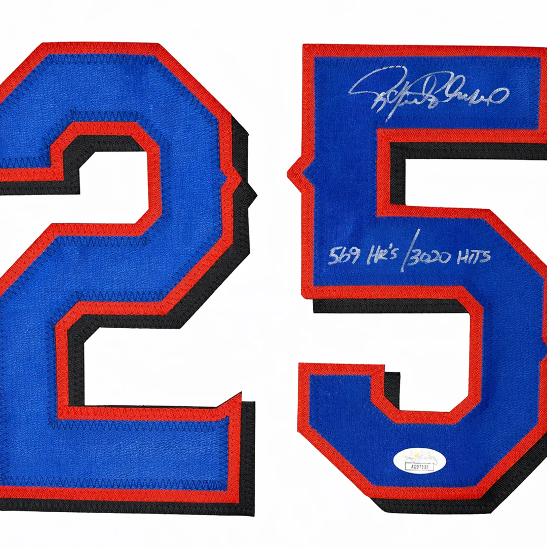 Rafael Palmeiro Signed 569hrs 3020 hits Inscription Texas White Shadow Numbers Baseball Jersey (JSA) - Image 2