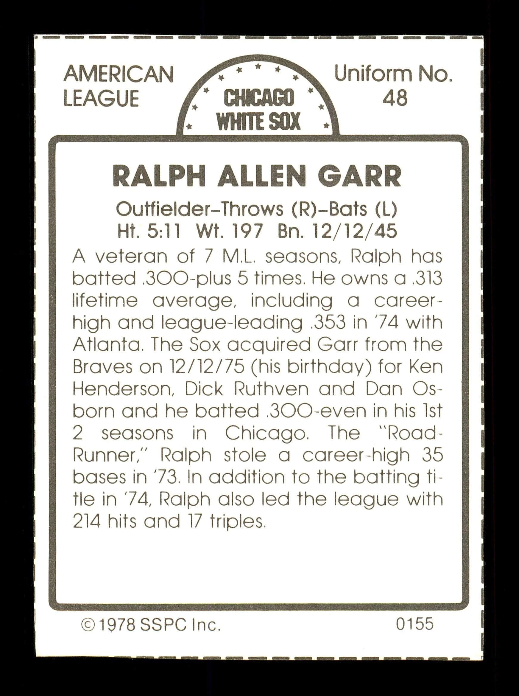 Ralph Garr Autographed 1978 SSPC Card #155 Chicago White Sox SKU #172322 - Image 2