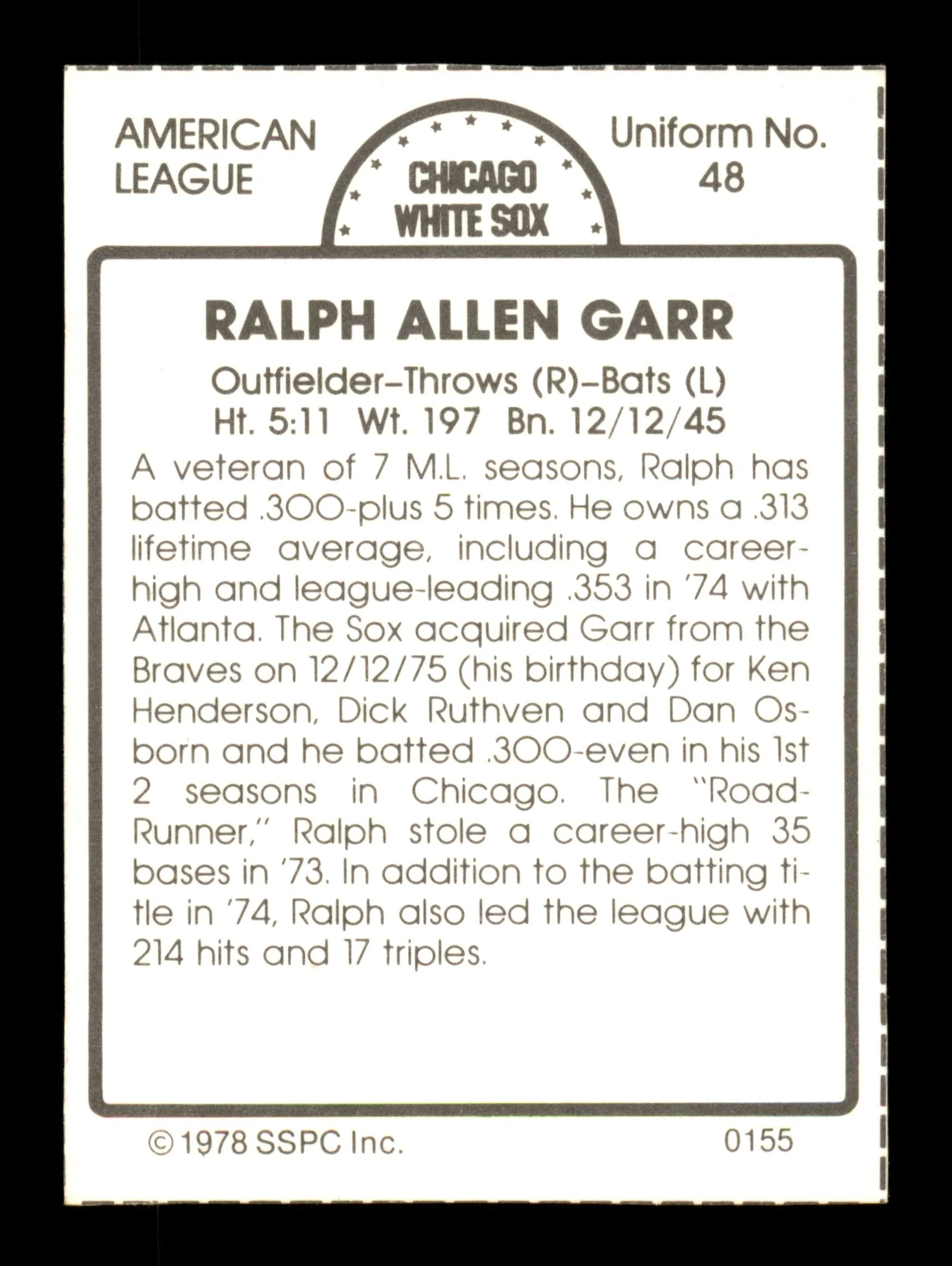 Ralph Garr Autographed 1978 SSPC Card #155 Chicago White Sox SKU #204539 - Image 2