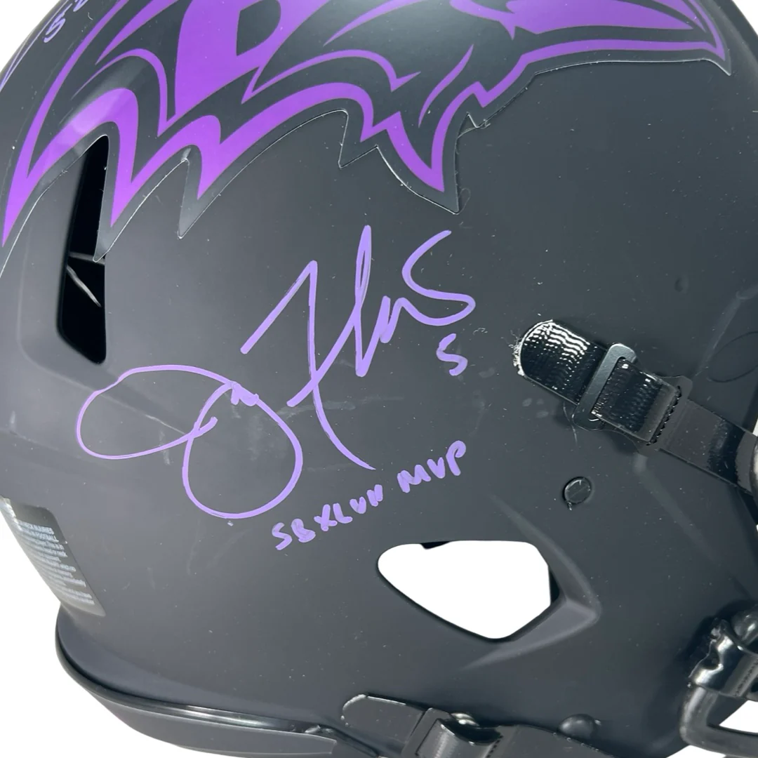 Ray Lewis Joe Flacco Signed SB MVP Inscription Baltimore Ravens Authentic Eclipse Speed Full-Size Football Helmet (Beckett) - Image 3