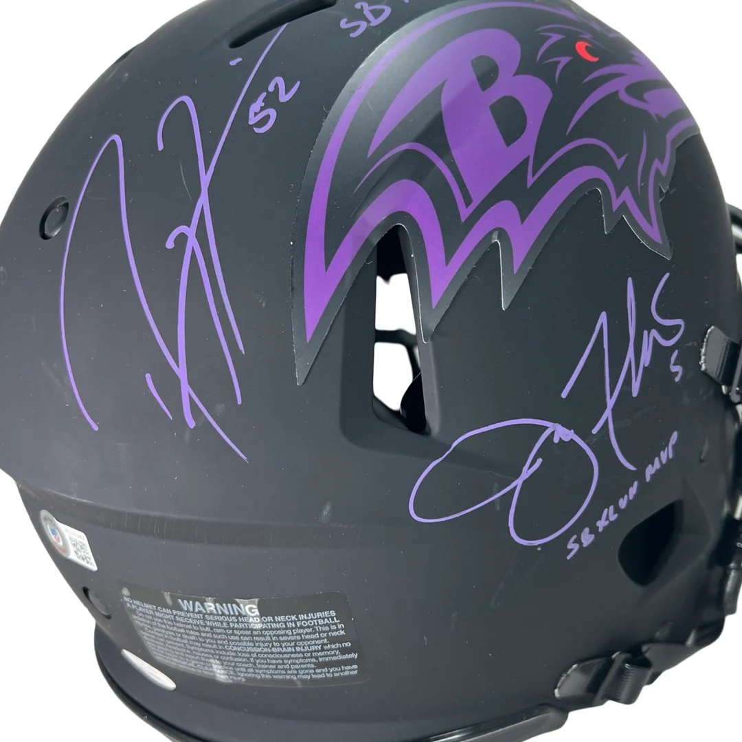 Ray Lewis Joe Flacco Signed SB MVP Inscription Baltimore Ravens Authentic Eclipse Speed Full-Size Football Helmet (Beckett) - Image 4