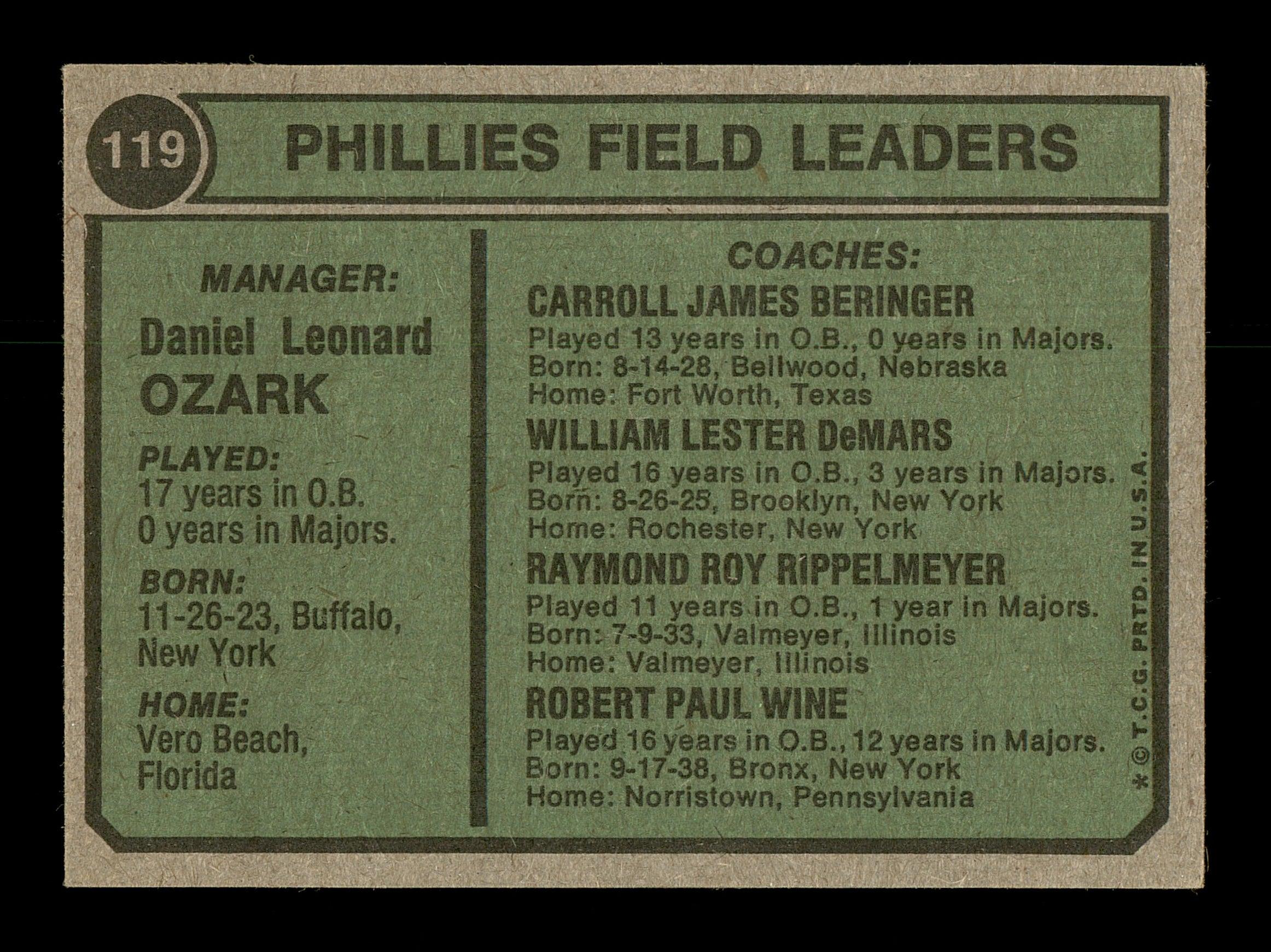 Ray Ripplemeyer Autographed 1974 Topps Card #119 Philadelphia Phillies Coach SKU #167174 - Image 2